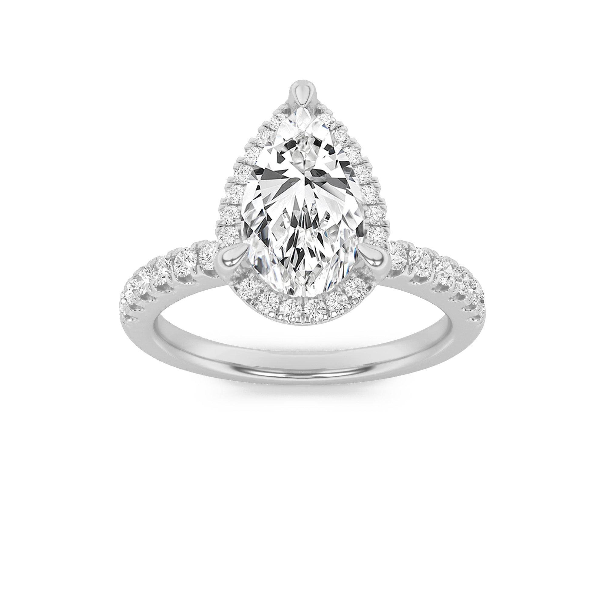 2CTW Pear Shaped Lab Grown Diamond (F/VS) Halo Accented Engagement Ring in 14K Gold
