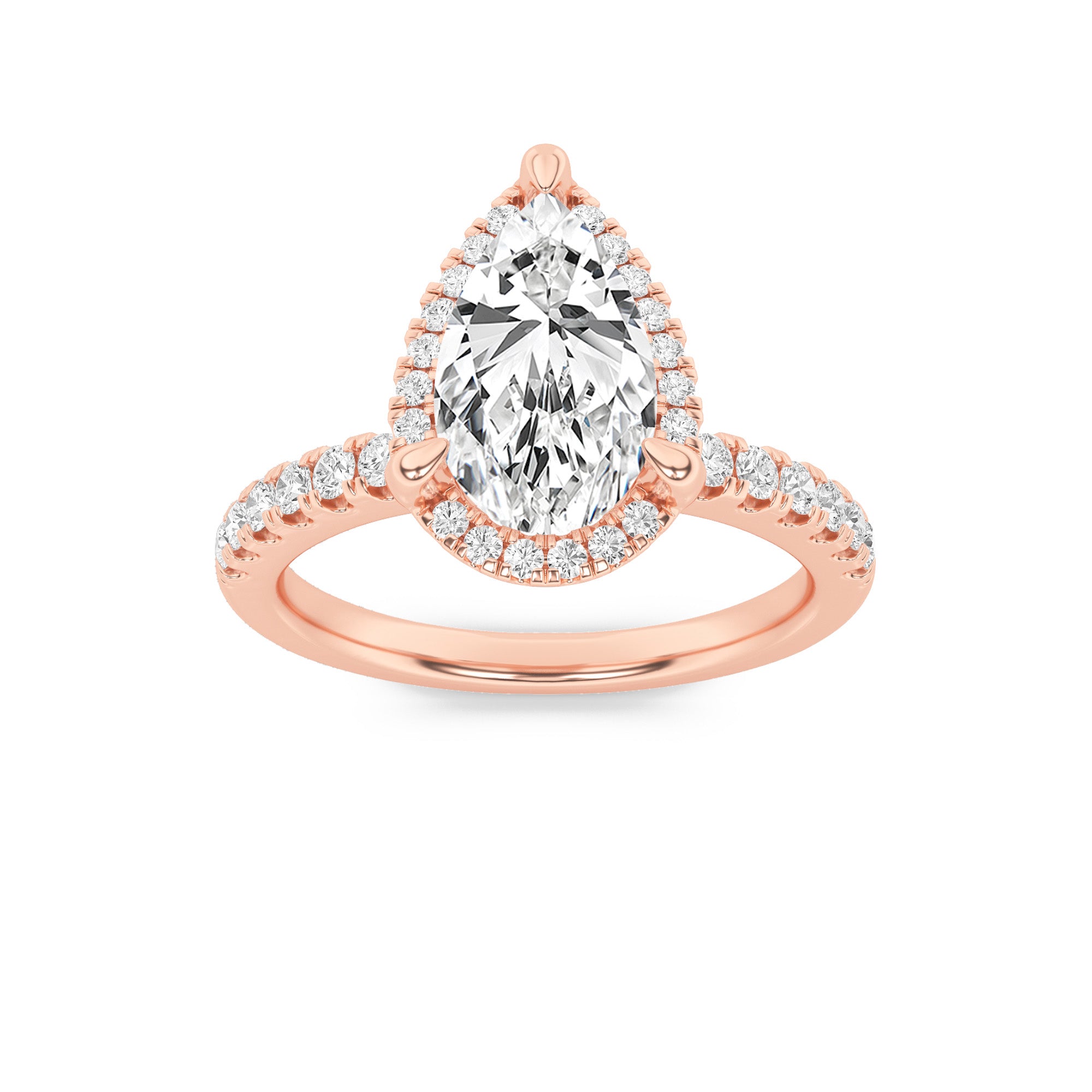 2CTW Pear Shaped Lab Grown Diamond (F/VS) Halo Accented Engagement Ring in 14K Gold