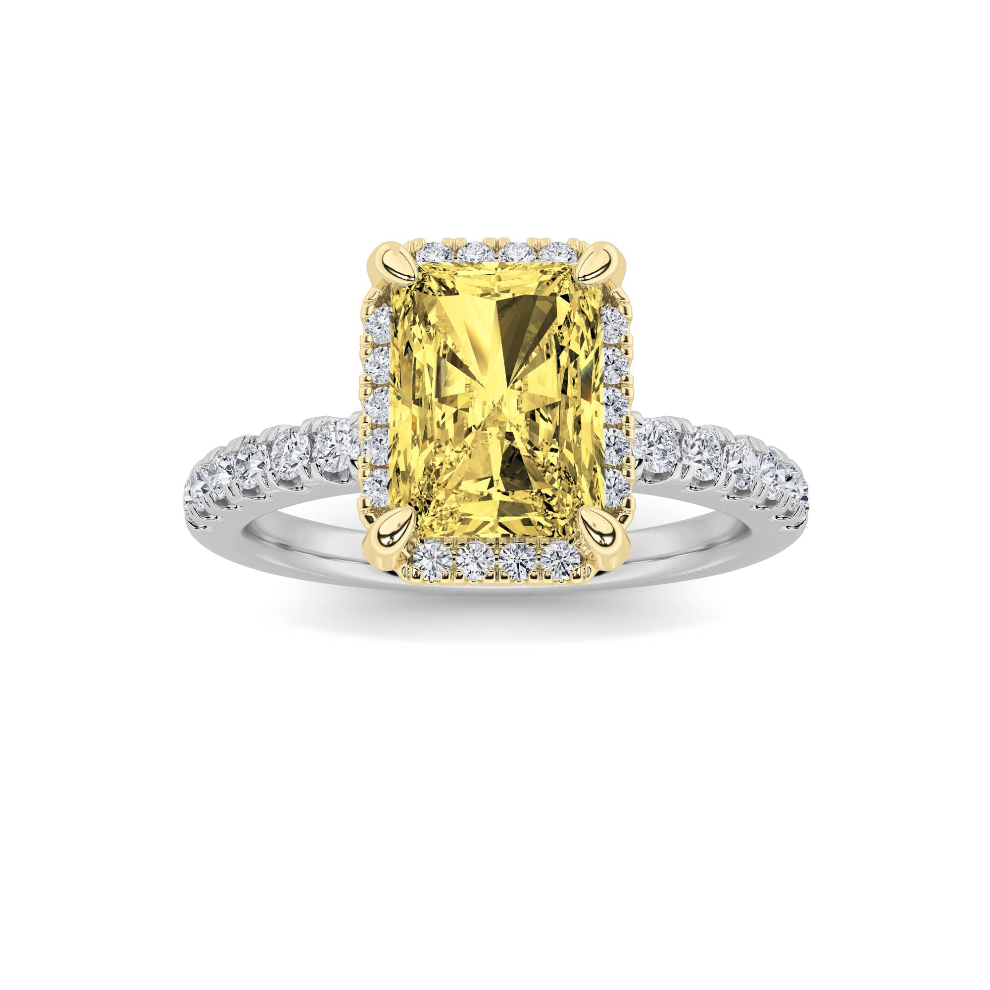 2CTW Radiant Shaped Lab Grown Diamond (F/VS) Halo Accented Engagement Ring in 14K Gold