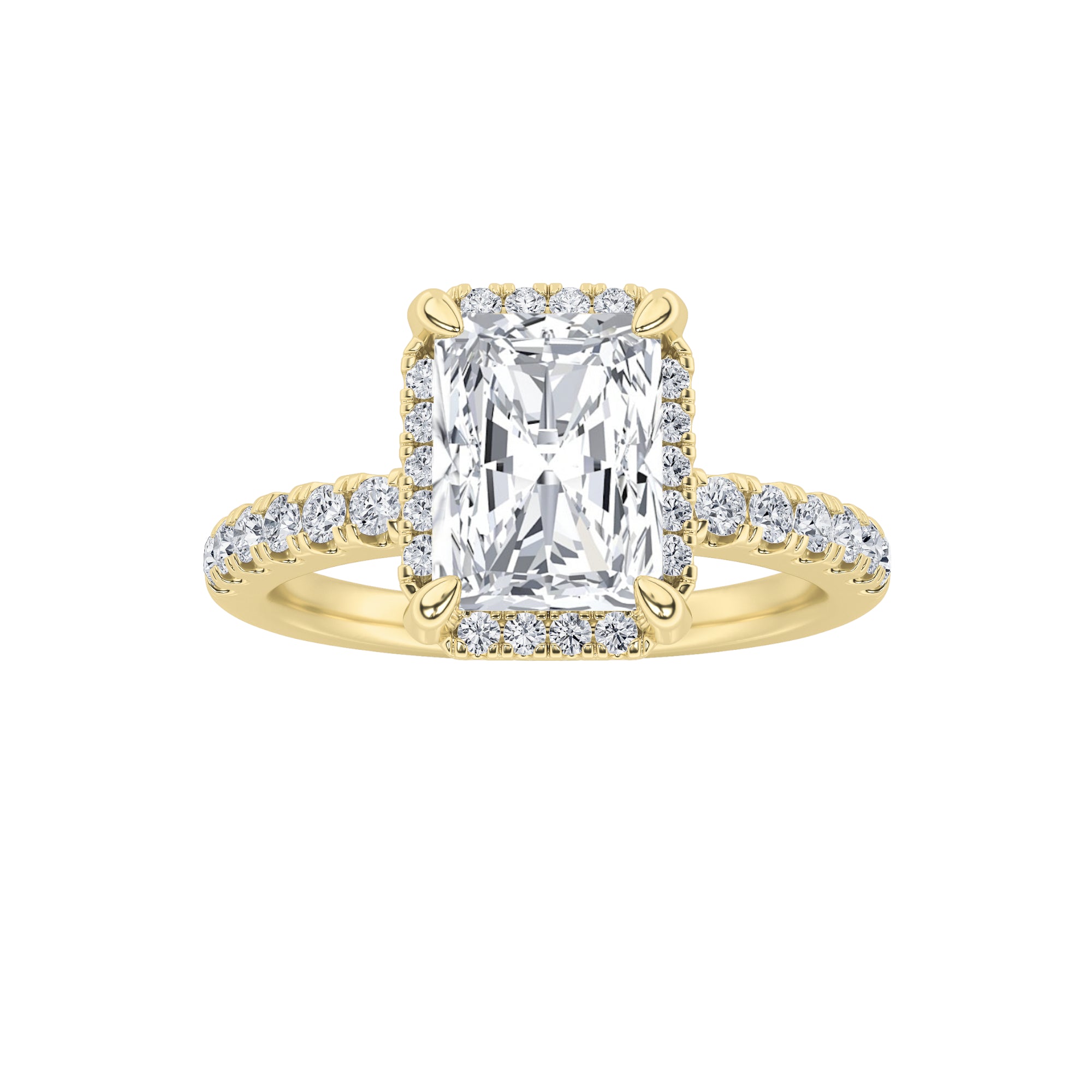 2CTW Radiant Shaped Lab Grown Diamond (F/VS) Halo Accented Engagement Ring in 14K Gold