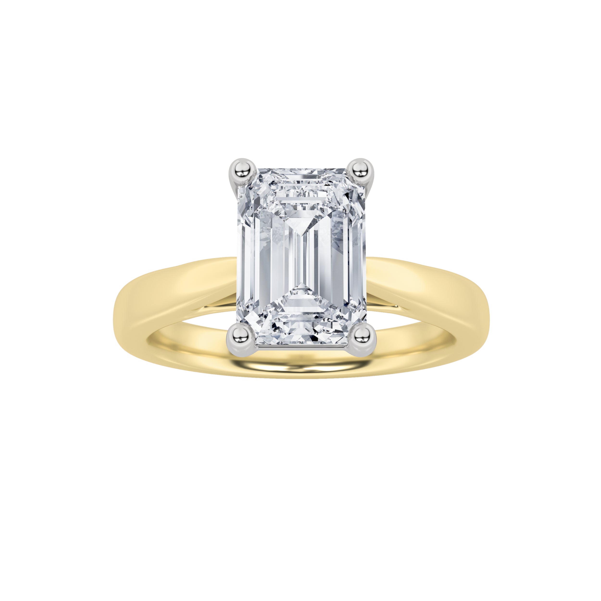 2CTW Emerald Shaped Lab Grown Diamond (F/VS) Classic Shank Solitaire Two Tone Engagement Ring in 14K Gold