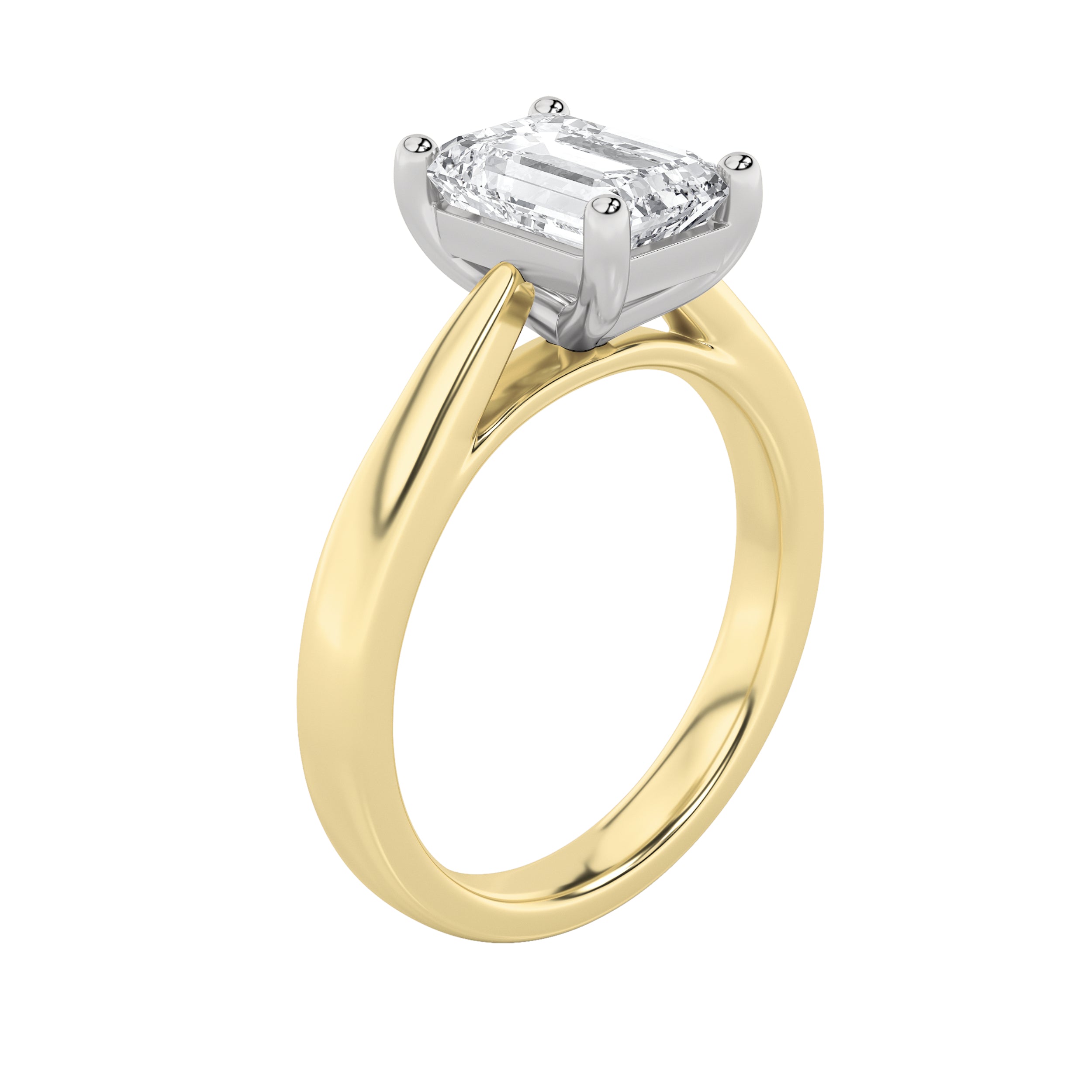 2CTW Emerald Shaped Lab Grown Diamond (F/VS) Classic Shank Solitaire Two Tone Engagement Ring in 14K Gold
