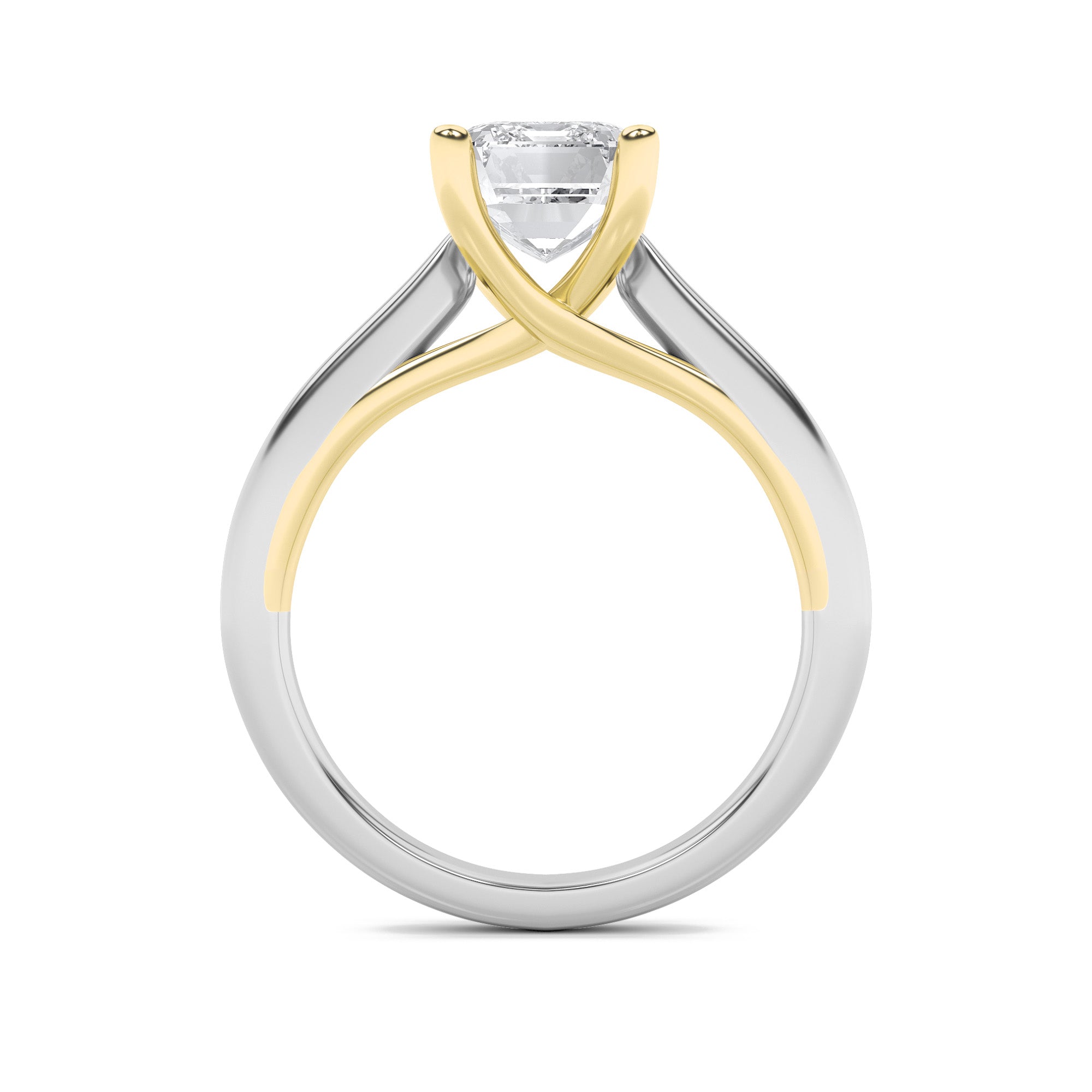 1CTW Emerald Shaped Lab Grown Diamond (F/VS) Two Tone Cathedral Shank Engagement Ring in 14K Gold
