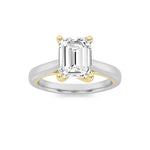 2CTW Emerald Shaped Lab Grown Diamond (F/VS) Two Tone Cathedral Shank Engagement Ring in 14K Gold
