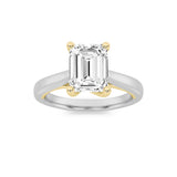 2CTW Emerald Shaped Lab Grown Diamond (F/VS) Two Tone Cathedral Shank Engagement Ring in 14K Gold