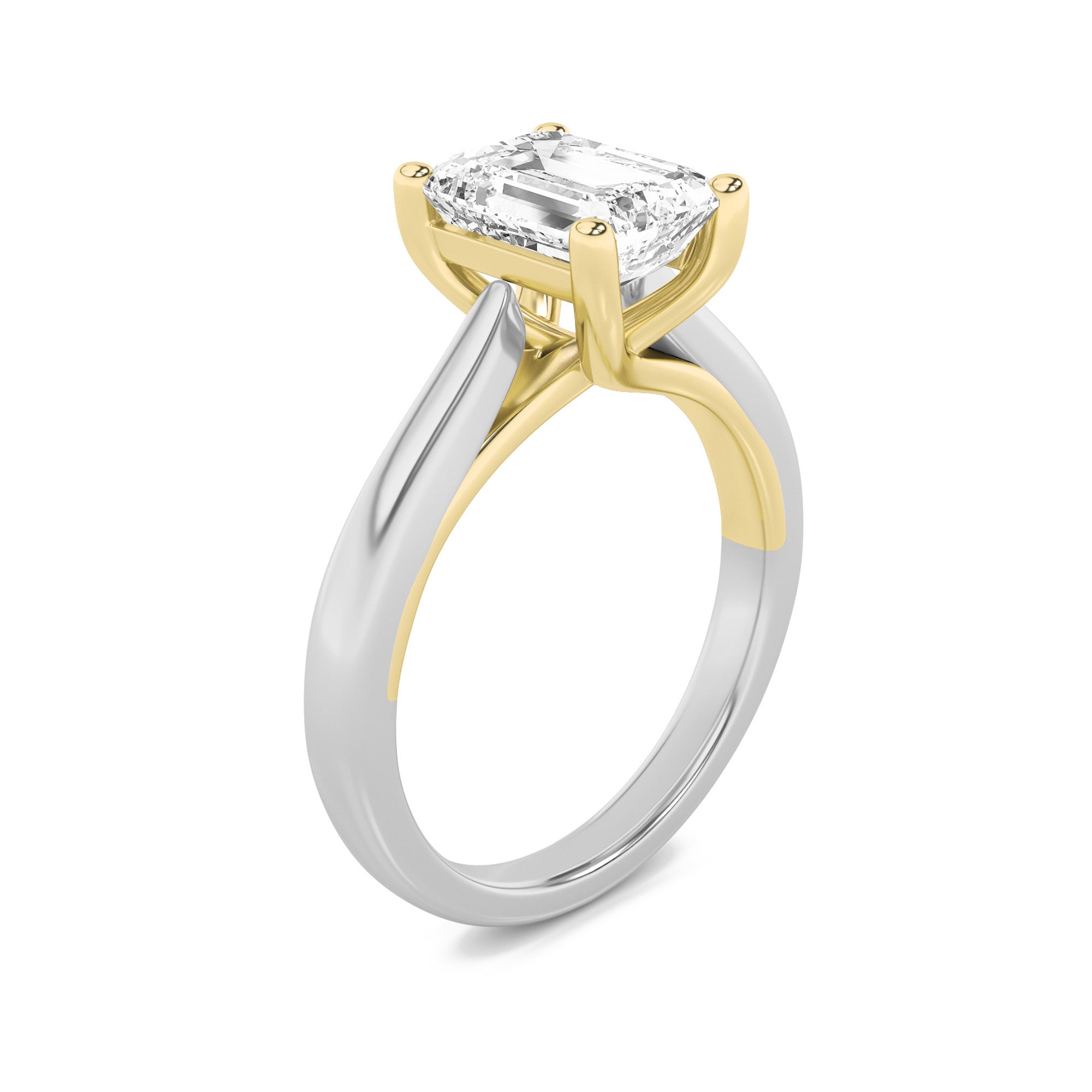 2.5CTW Emerald Shaped Lab Grown Diamond (F/VS) Two Tone Cathedral Shank Engagement Ring in 14K Gold