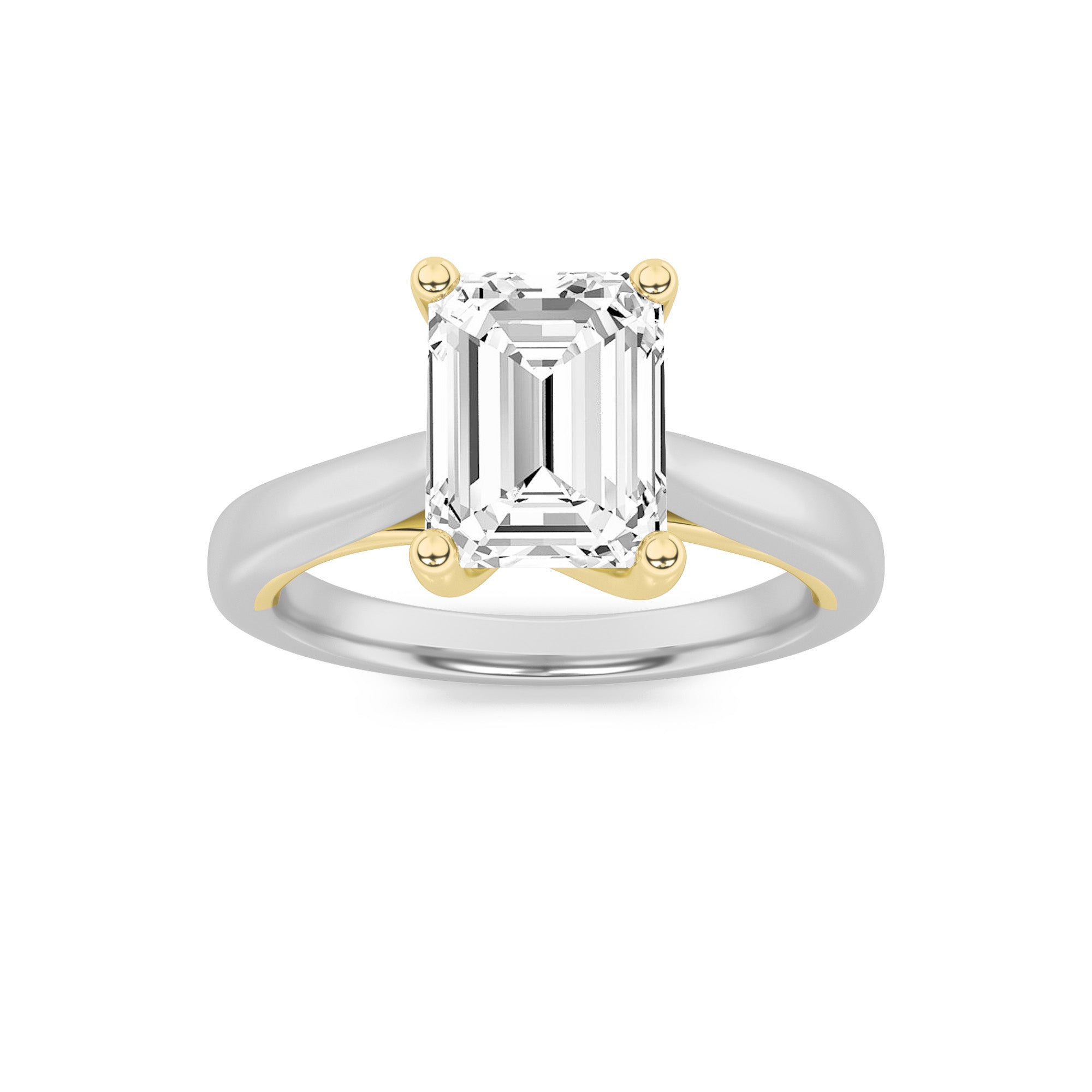 3CTW Emerald Shaped Lab Grown Diamond (F/VS) Two Tone Cathedral Shank Engagement Ring in 14K Gold
