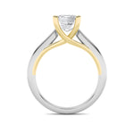 3CTW Emerald Shaped Lab Grown Diamond (F/VS) Two Tone Cathedral Shank Engagement Ring in 14K Gold