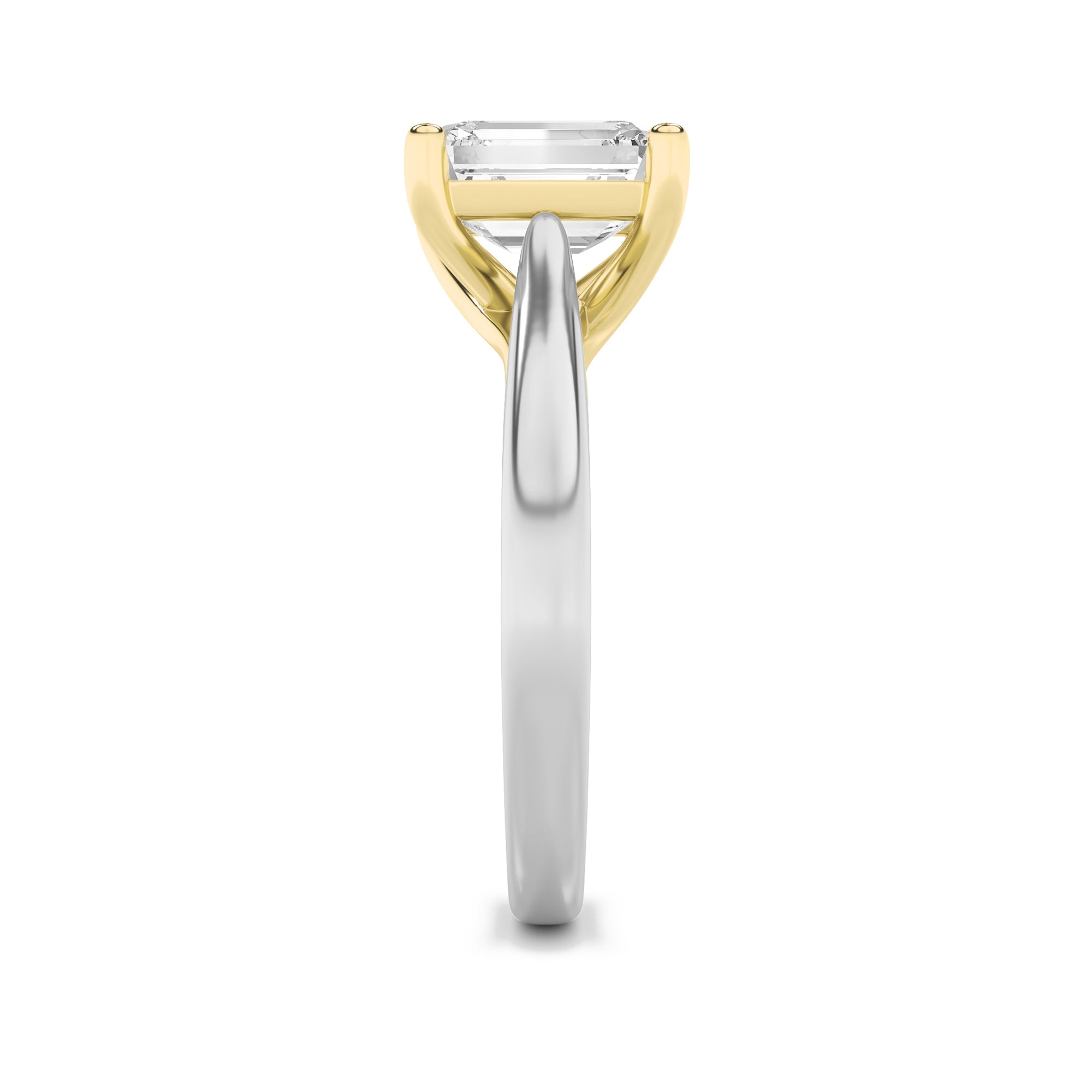 3CTW Emerald Shaped Lab Grown Diamond (F/VS) Two Tone Cathedral Shank Engagement Ring in 14K Gold
