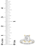 3CTW Emerald Shaped Lab Grown Diamond (F/VS) Two Tone Cathedral Shank Engagement Ring in 14K Gold