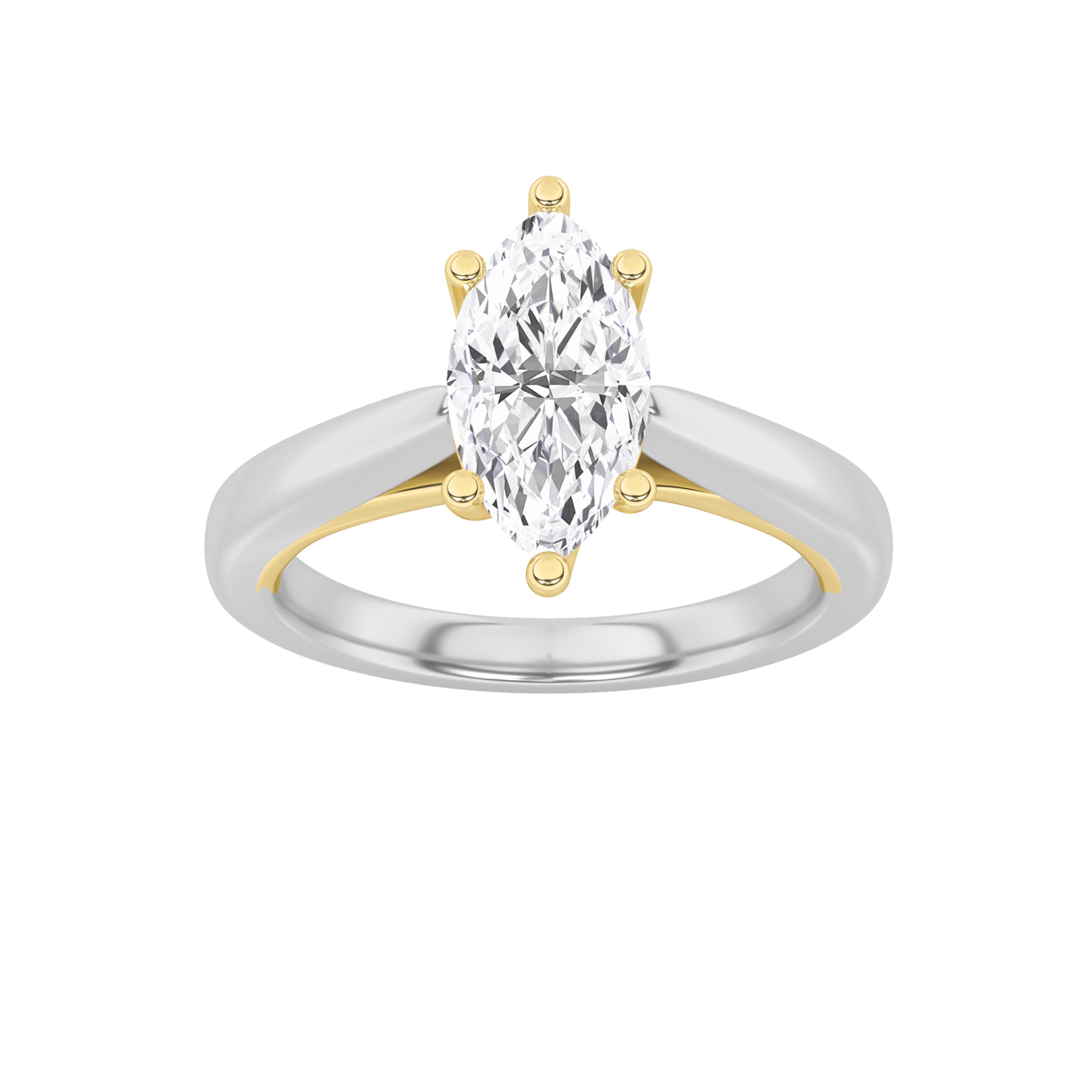1CTW Marquise Shaped Lab Grown Diamond (F/VS) Two Tone Six Prong Engagement Ring in 14K Gold