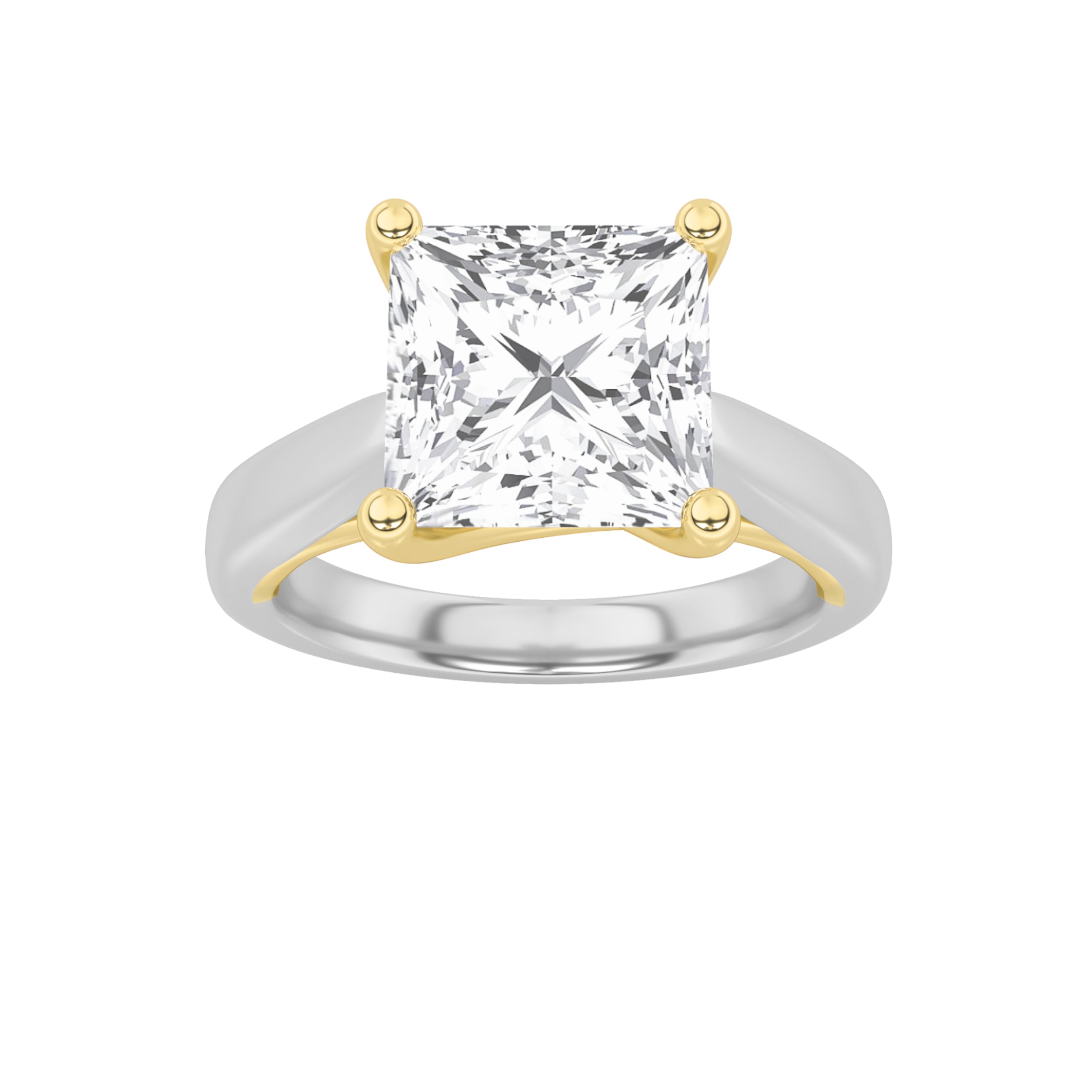 2CTW Princess Shaped Lab Grown Diamond (G/VS) Two Tone Cathedral Shank Engagement Ring in 14K Gold
