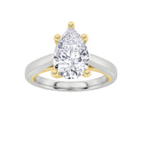 2CTW Pear Shaped Lab Grown Diamond (F/VS) Two Tone Cathedral Shank Engagement Ring in 14K Gold