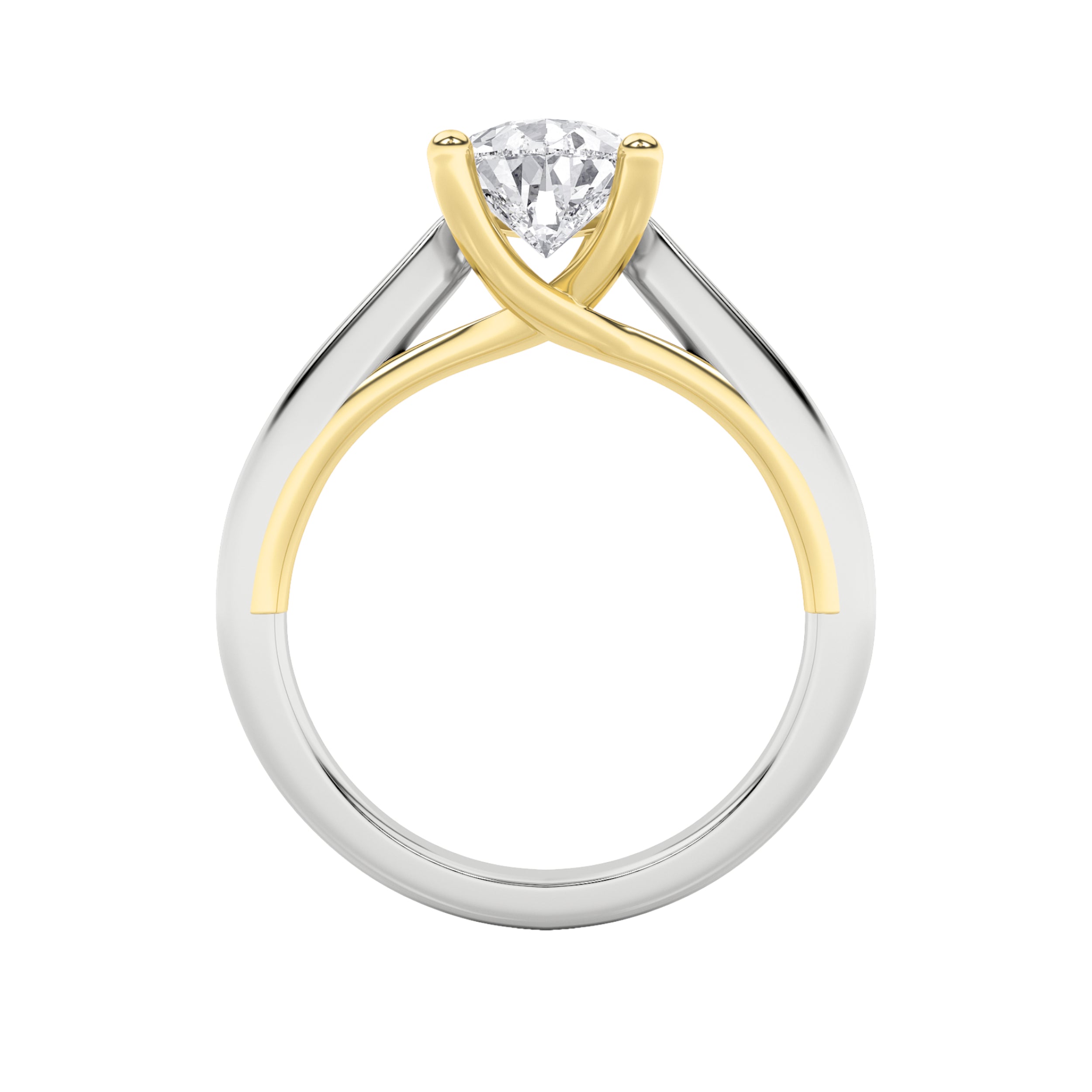 2CTW Pear Shaped Lab Grown Diamond (F/VS) Two Tone Cathedral Shank Engagement Ring in 14K Gold