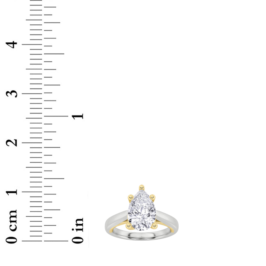 2CTW Pear Shaped Lab Grown Diamond (F/VS) Two Tone Cathedral Shank Engagement Ring in 14K Gold