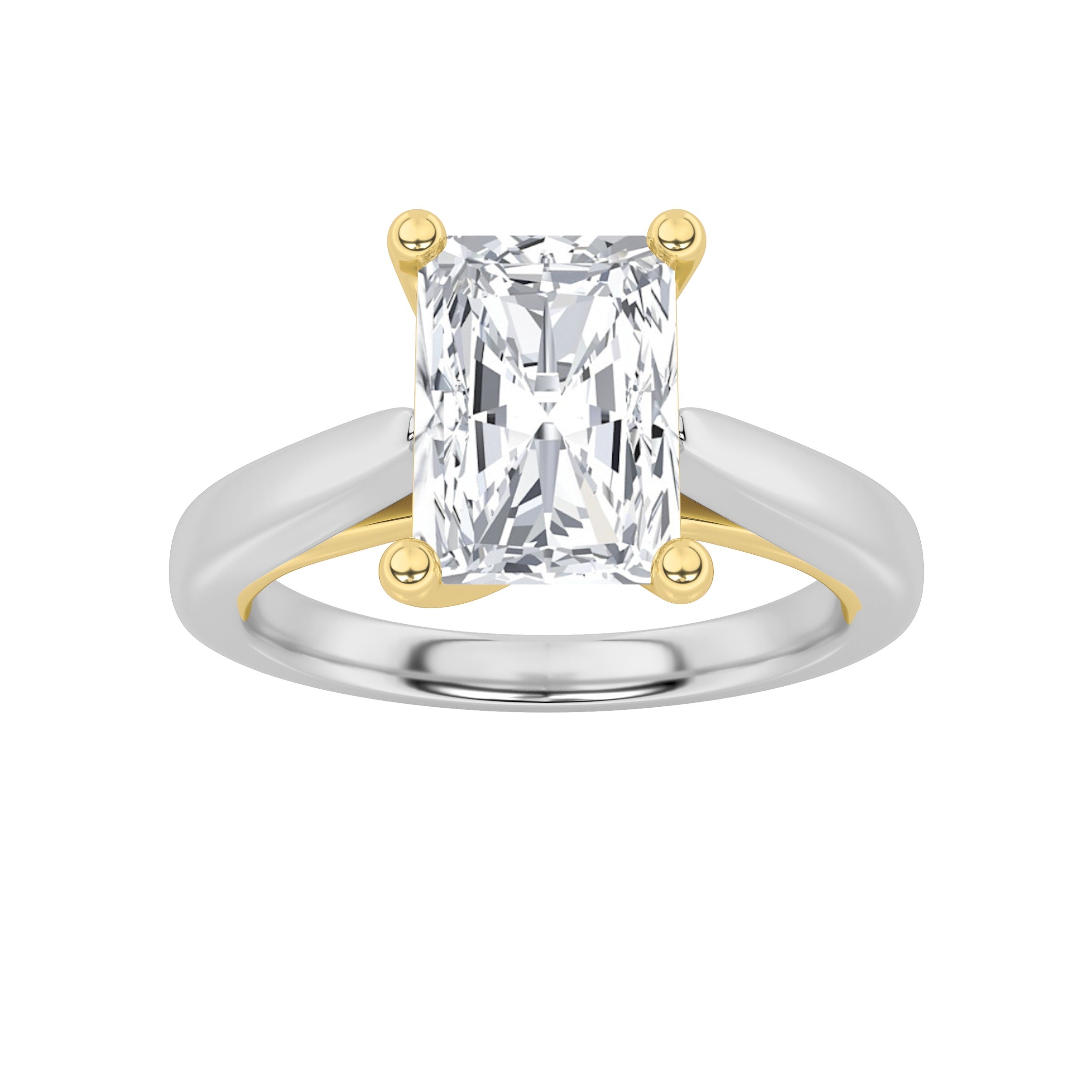 1CTW Radiant Shaped Lab Grown Diamond (F/VS) Two Tone Cathedral Shank Engagement Ring in 14K Gold