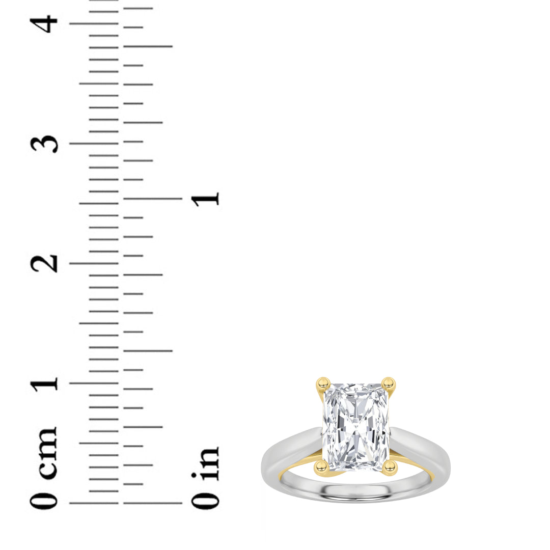 3CTW Radiant Shaped Lab Grown Diamond (F/VS) Two Tone Cathedral Shank Engagement Ring in 14K Gold