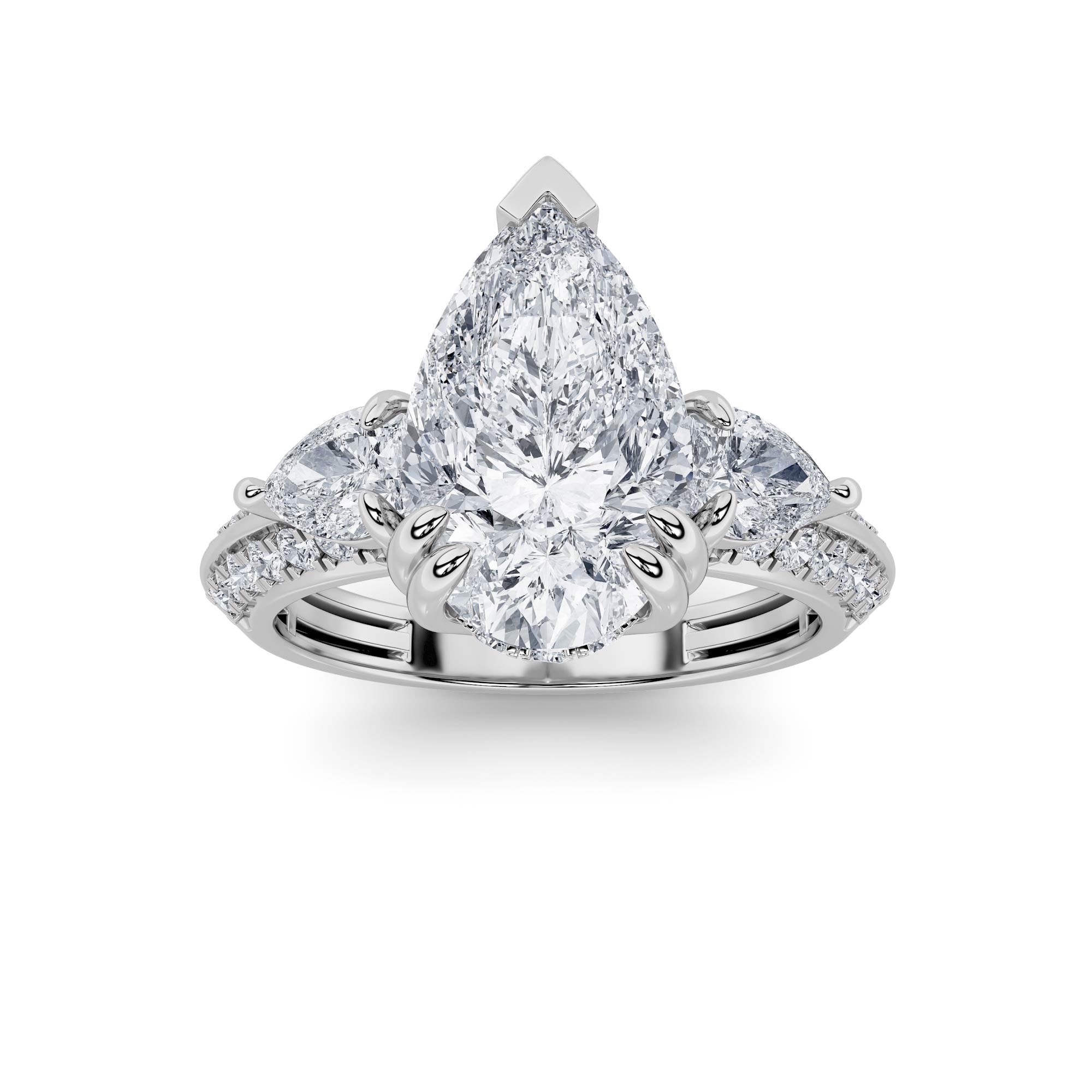 3.5CTW Pear Shaped Lab Grown Diamond (G/VS) Three Stone Accented Engagement Ring in 14K Gold