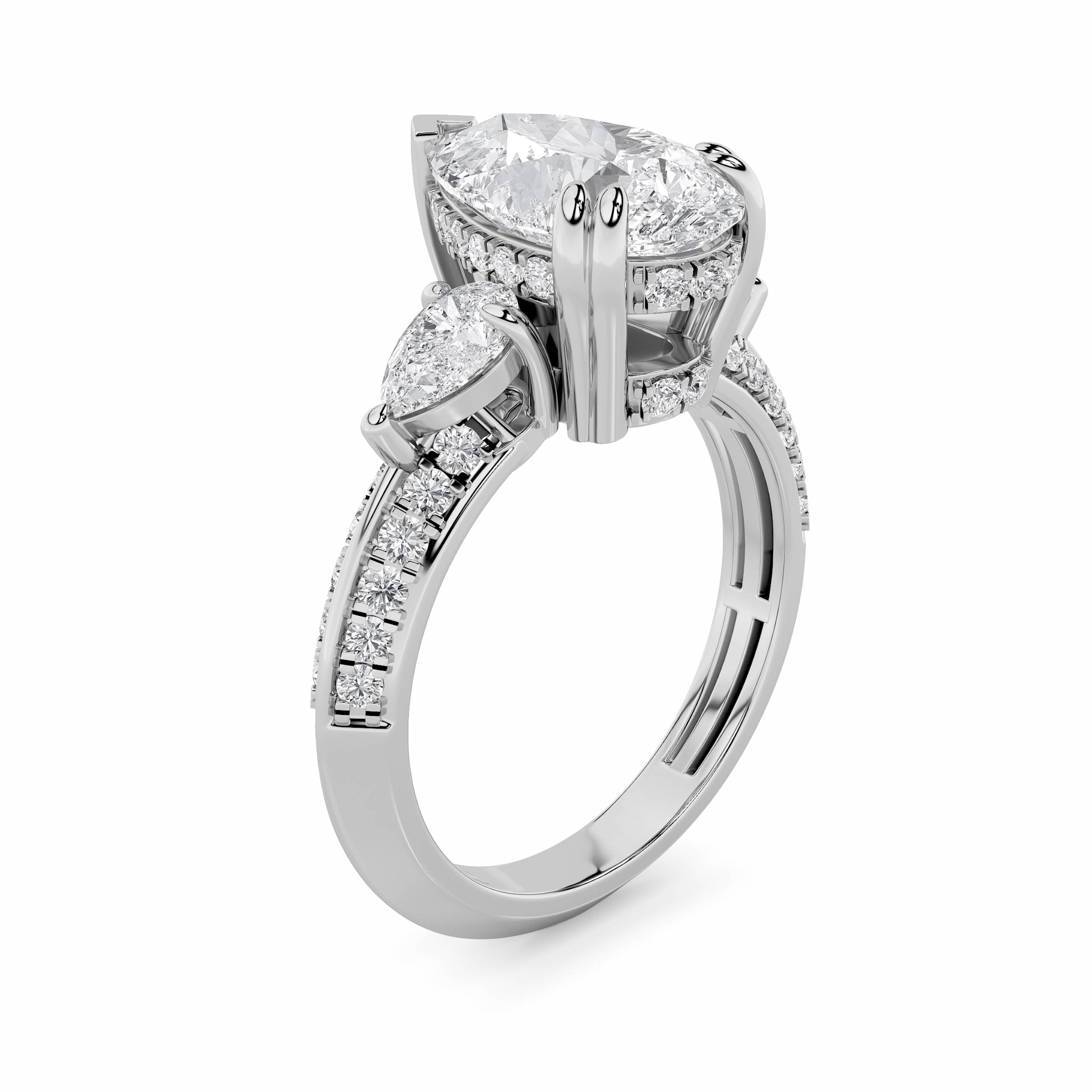 3.5CTW Pear Shaped Lab Grown Diamond (G/VS) Three Stone Accented Engagement Ring in 14K Gold