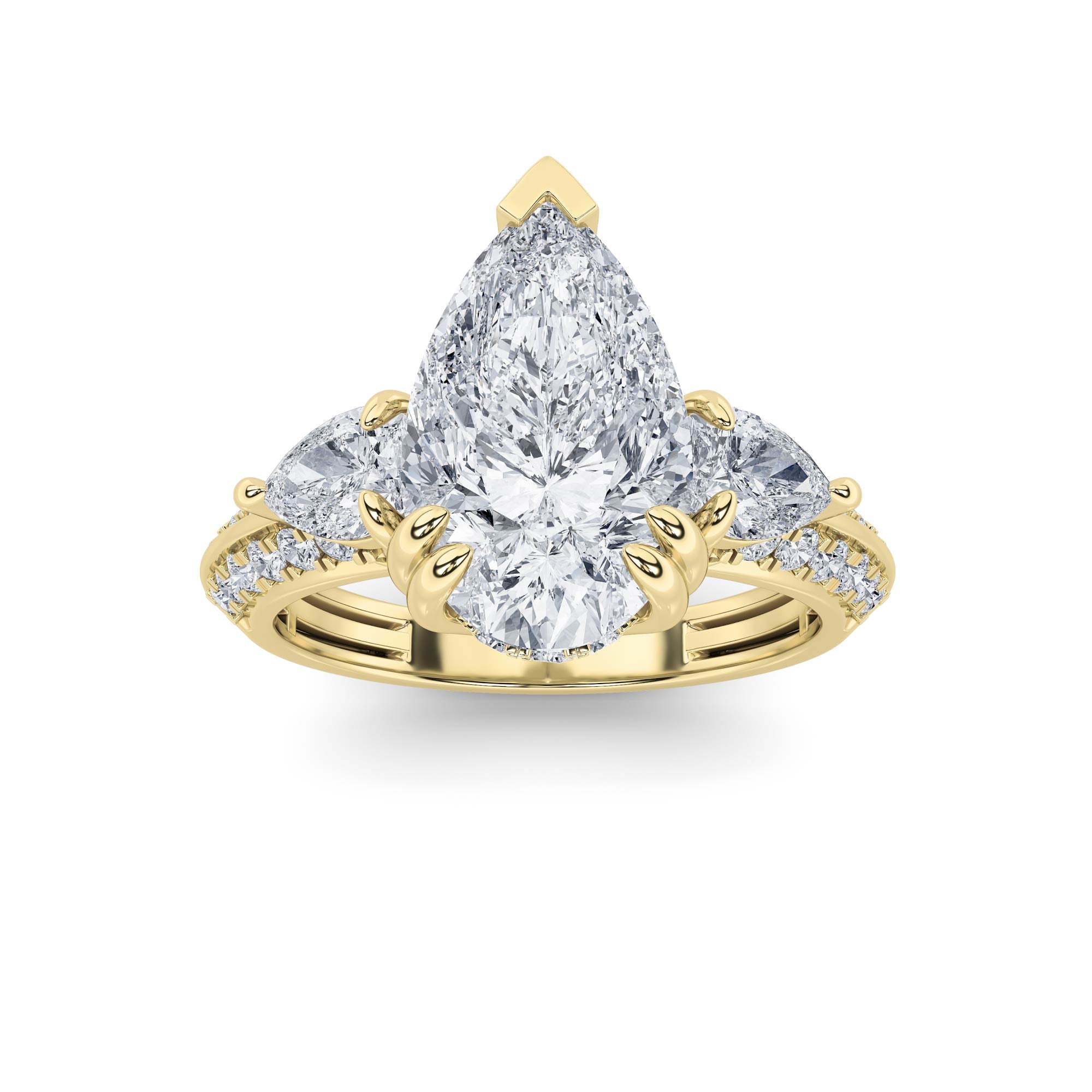 3.5CTW Pear Shaped Lab Grown Diamond (F/VS) Three Stone Accented Engagement Ring in 14K Gold