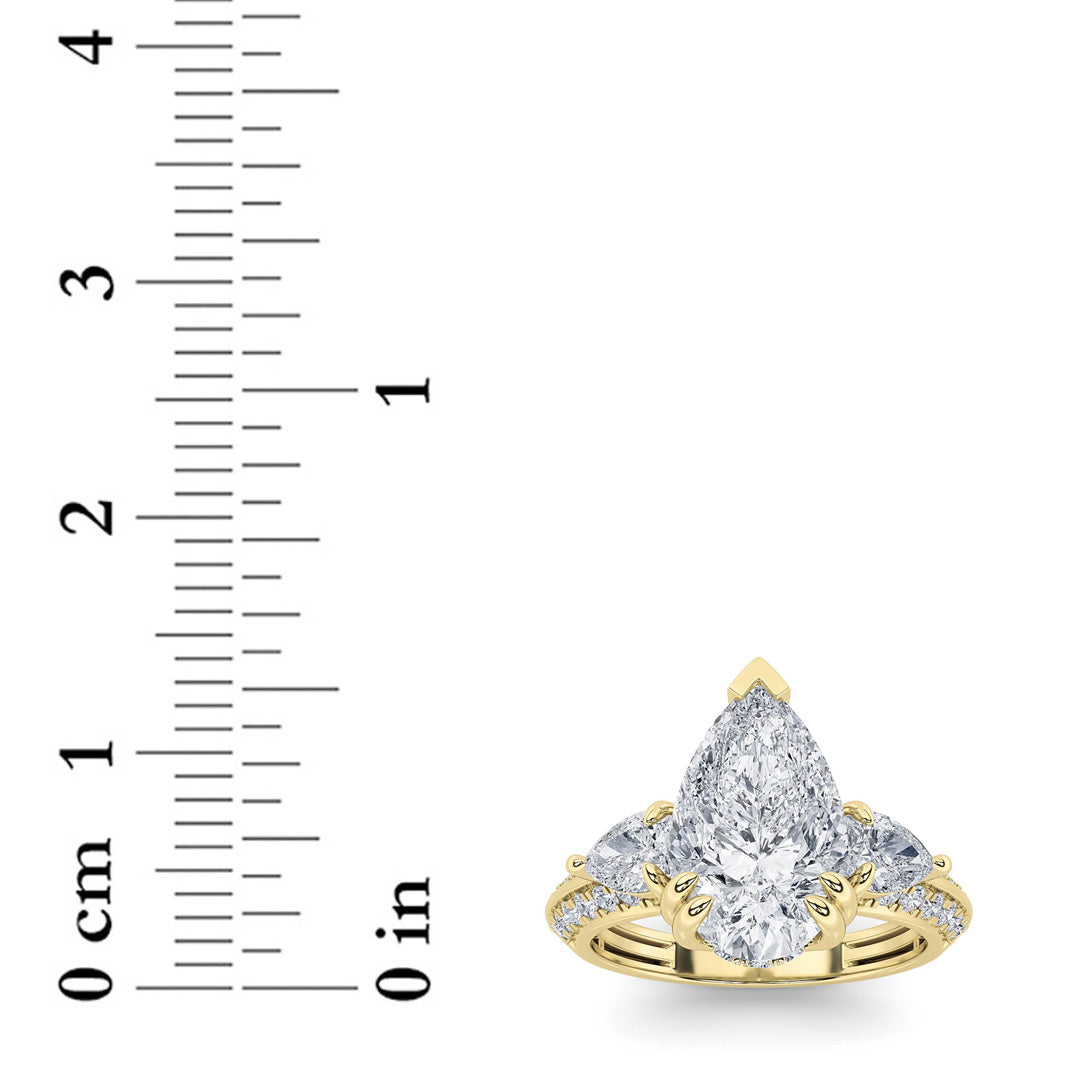 3.5CTW Pear Shaped Lab Grown Diamond (F/VS) Three Stone Accented Engagement Ring in 14K Gold