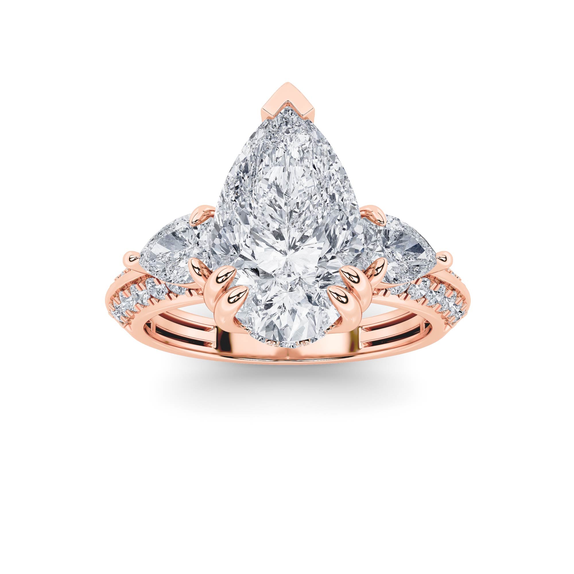 3.5CTW Pear Shaped Lab Grown Diamond (F/VS) Three Stone Accented Engagement Ring in 14K Gold