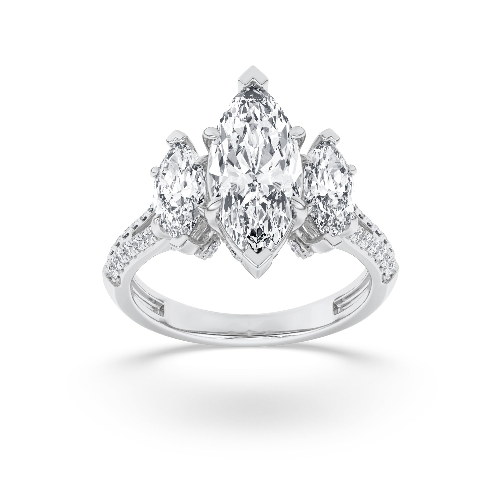 4CTW Marquise Shaped Lab Grown Diamond (G/VS) Three Stone Accented Engagement Ring in 14K Gold