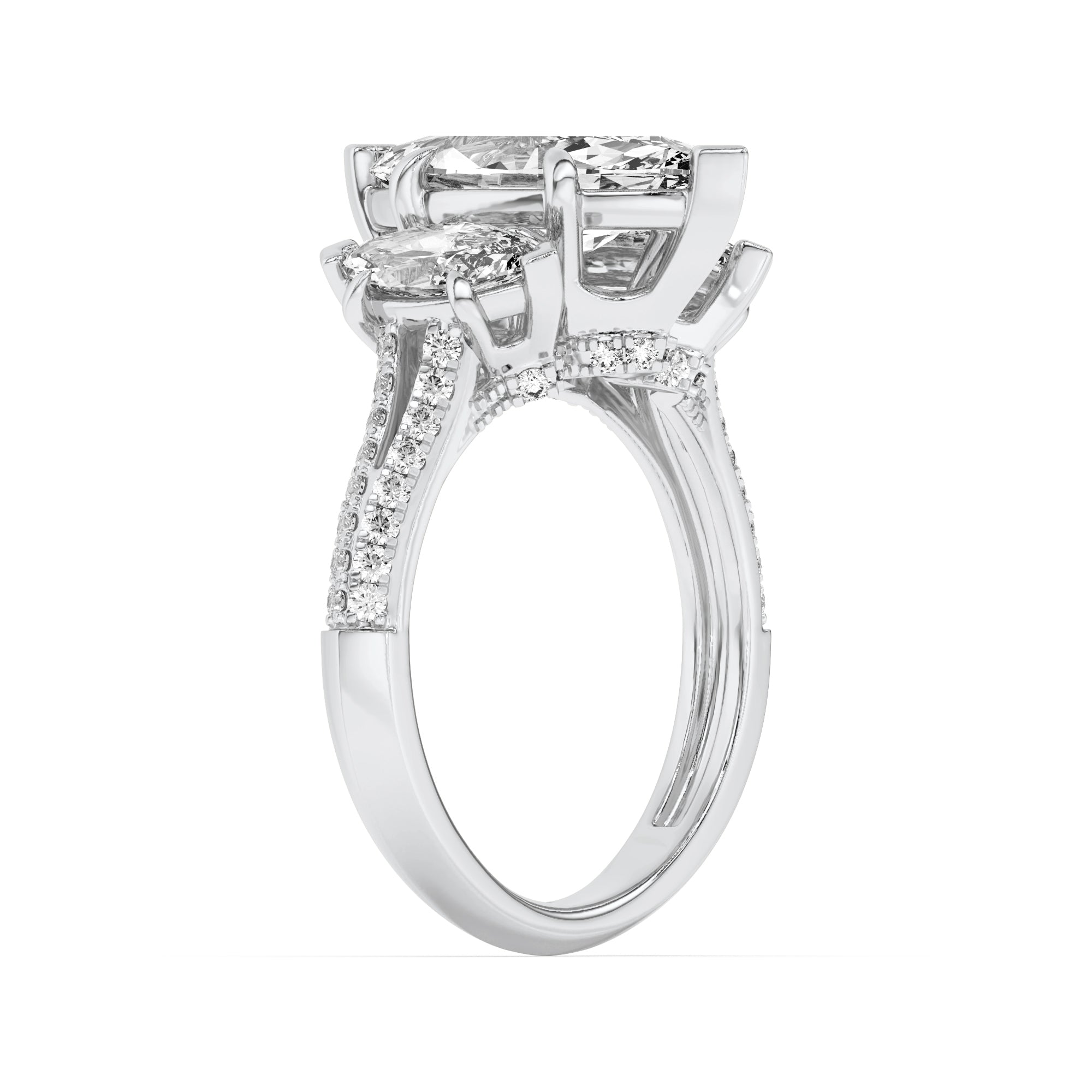 4CTW Marquise Shaped Lab Grown Diamond (G/VS) Three Stone Accented Engagement Ring in 14K Gold