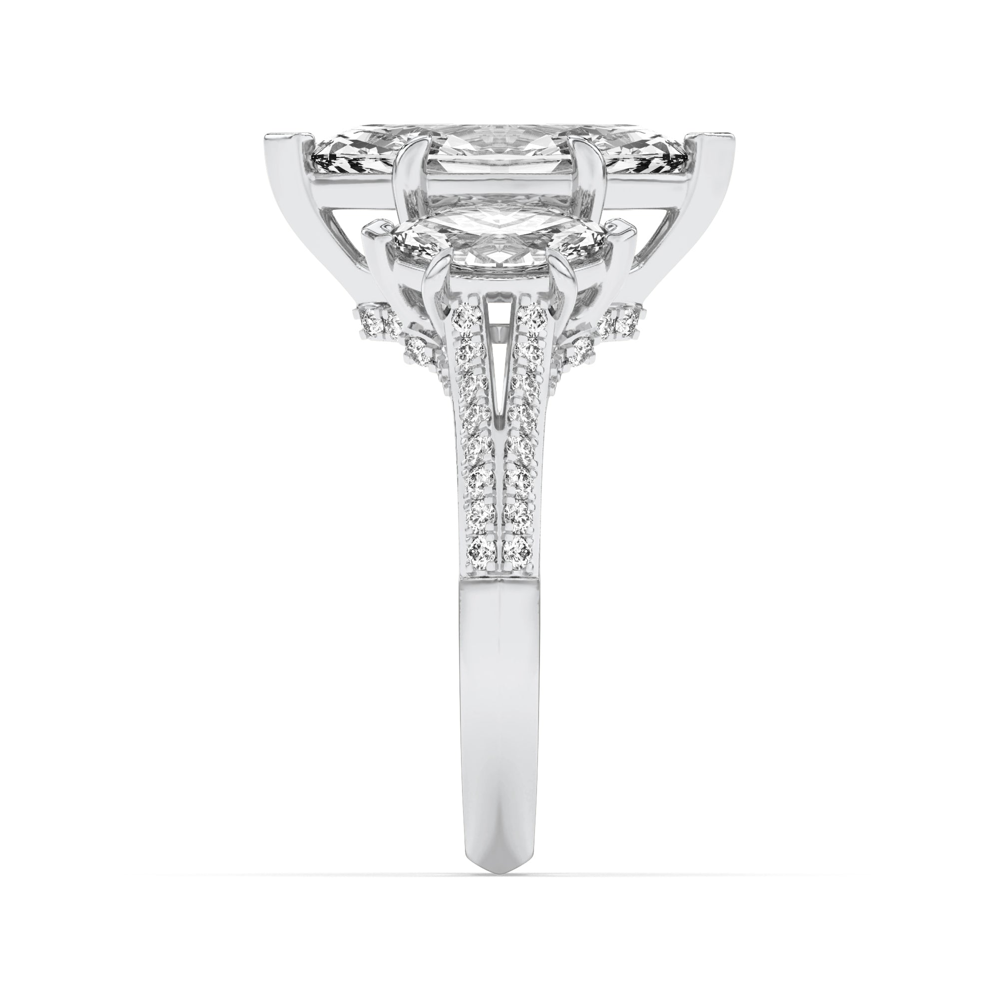4CTW Marquise Shaped Lab Grown Diamond (G/VS) Three Stone Accented Engagement Ring in 14K Gold