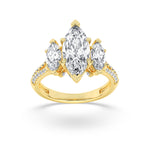 4CTW Marquise Shaped Lab Grown Diamond (F/VS) Three Stone Accented Engagement Ring in 14K Gold