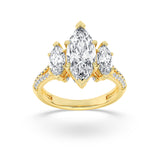 4CTW Marquise Shaped Lab Grown Diamond (F/VS) Three Stone Accented Engagement Ring in 14K Gold