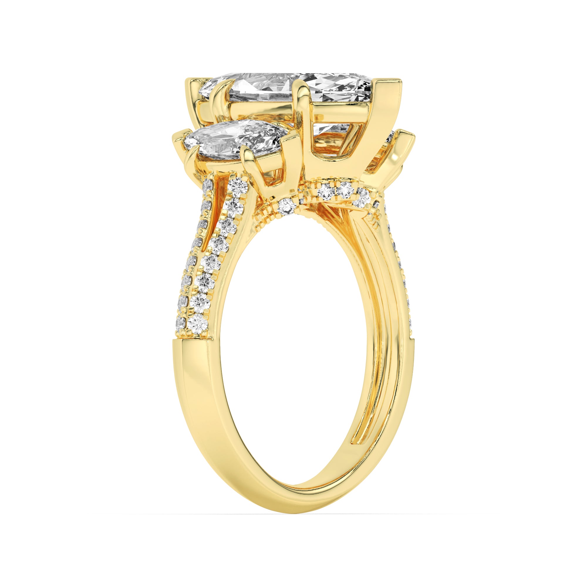 4CTW Marquise Shaped Lab Grown Diamond (F/VS) Three Stone Accented Engagement Ring in 14K Gold