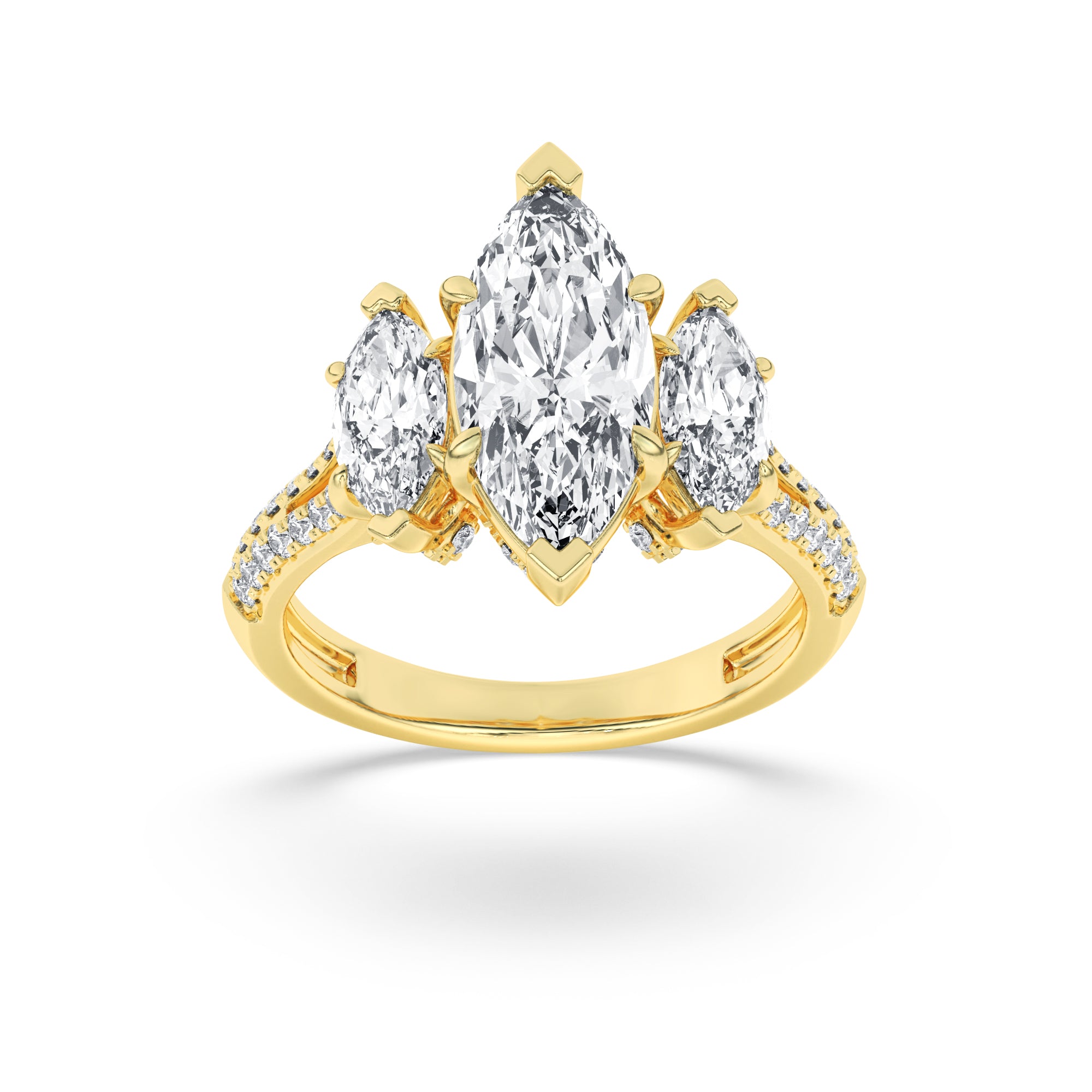 4CTW Marquise Shaped Lab Grown Diamond (G/VS) Three Stone Accented Engagement Ring in 14K Gold