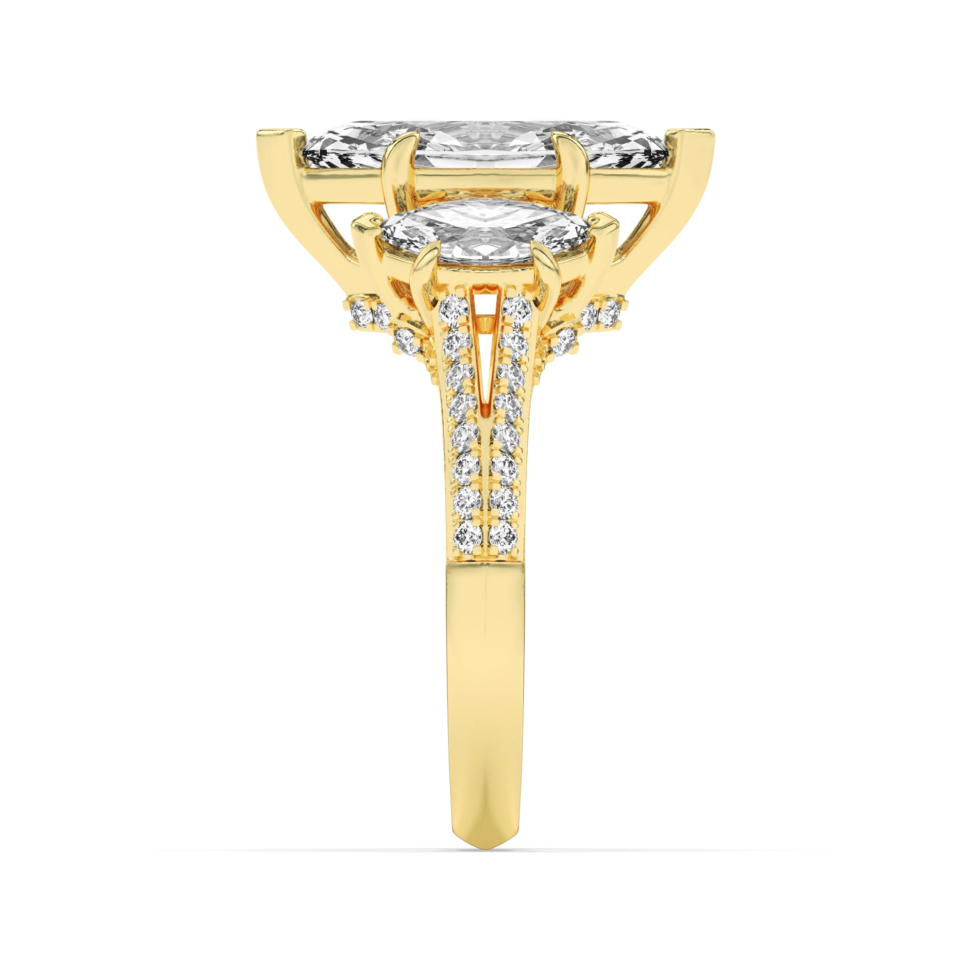 4CTW Marquise Shaped Lab Grown Diamond (G/VS) Three Stone Accented Engagement Ring in 14K Gold
