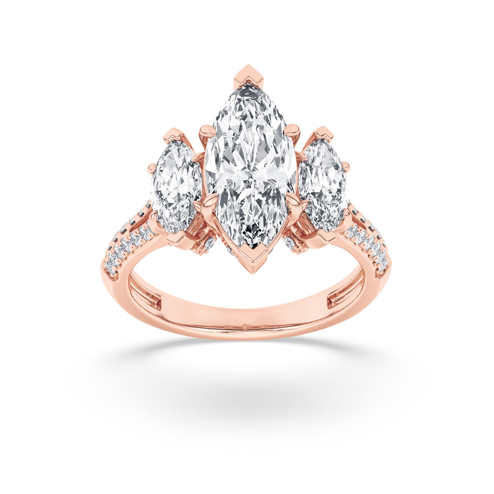 4CTW Marquise Shaped Lab Grown Diamond (F/VS) Three Stone Accented Engagement Ring in 14K Gold
