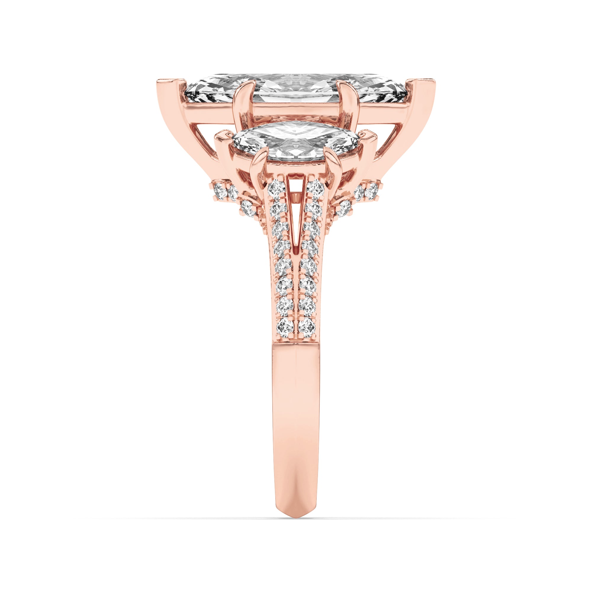 4CTW Marquise Shaped Lab Grown Diamond (F/VS) Three Stone Accented Engagement Ring in 14K Gold