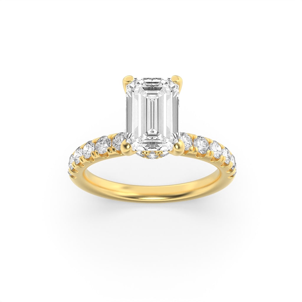 2CTW Emerald Shaped Lab Grown Diamond (F/VS) Hidden Halo Accented Ring in 14K Gold