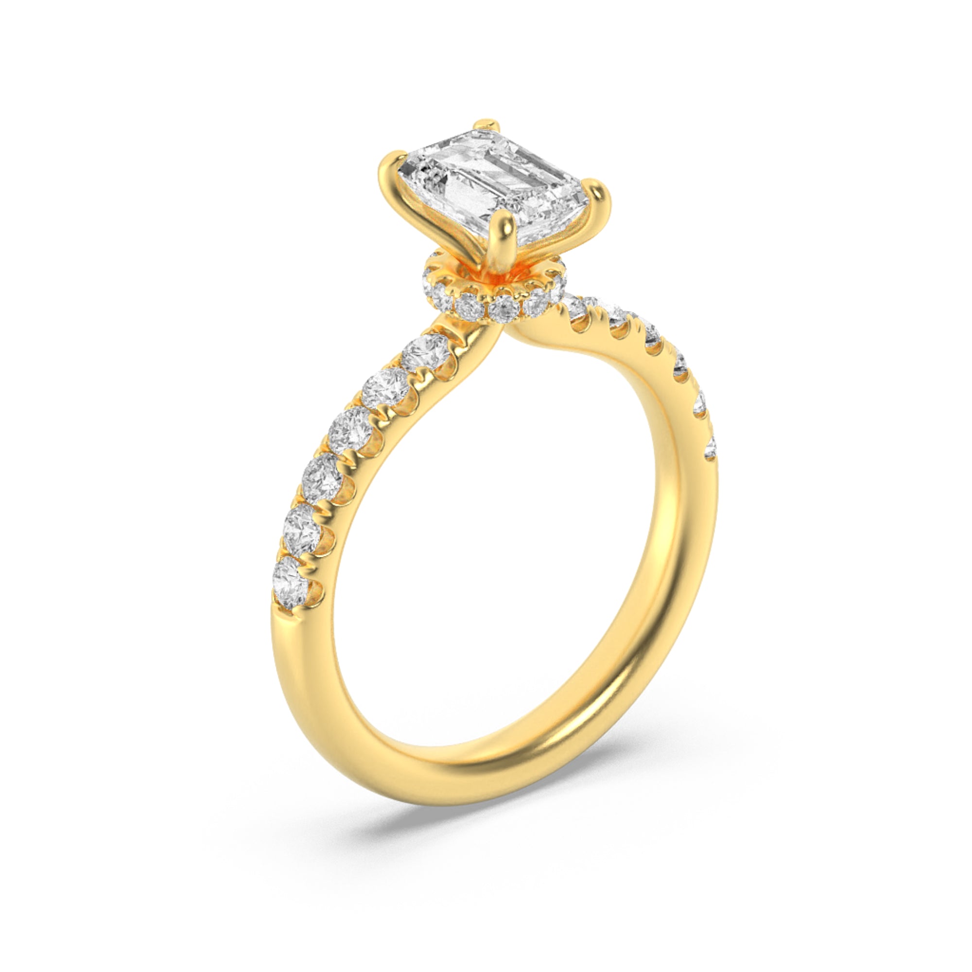 2CTW Emerald Shaped Lab Grown Diamond (F/VS) Hidden Halo Accented Ring in 14K Gold
