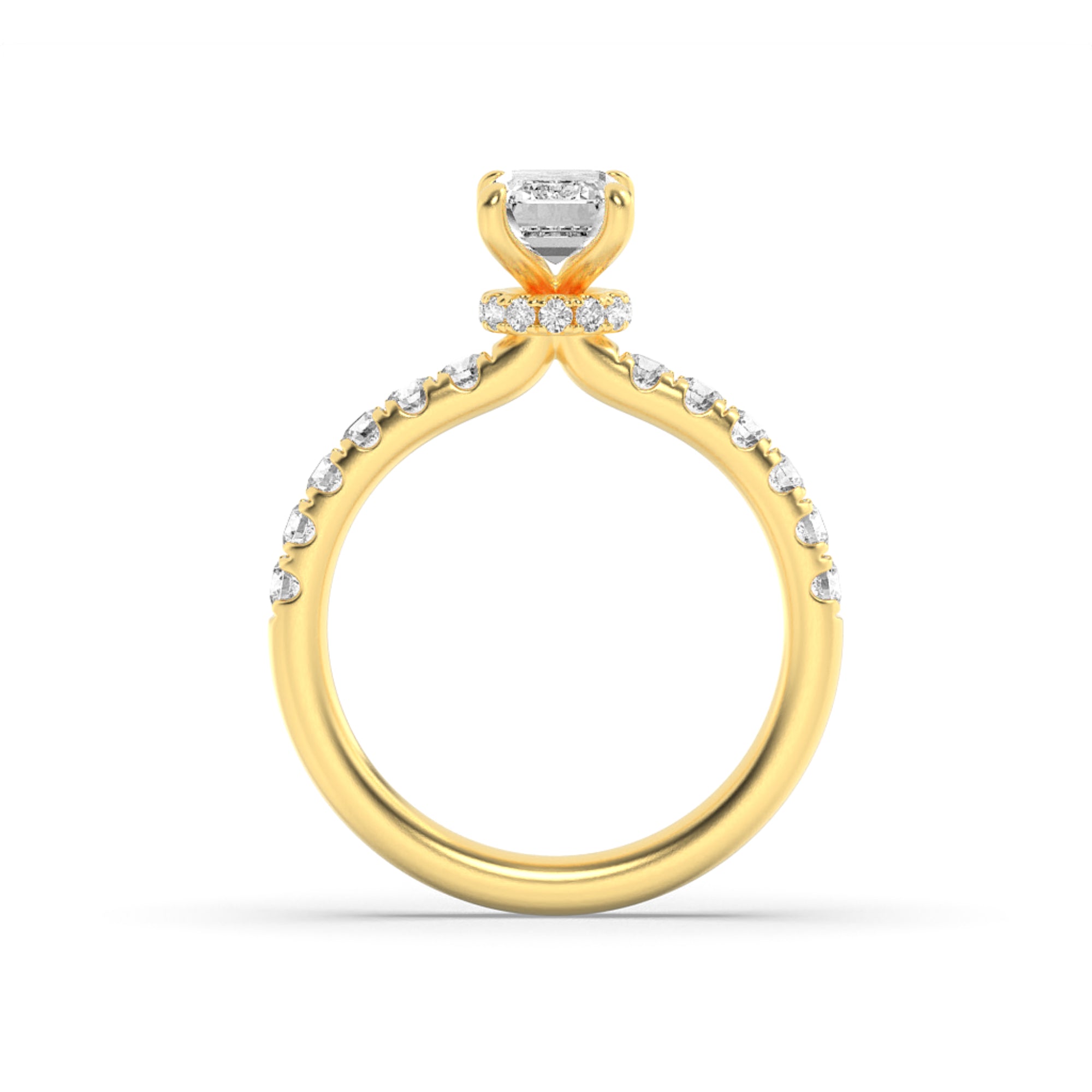 2CTW Emerald Shaped Lab Grown Diamond (F/VS) Hidden Halo Accented Ring in 14K Gold