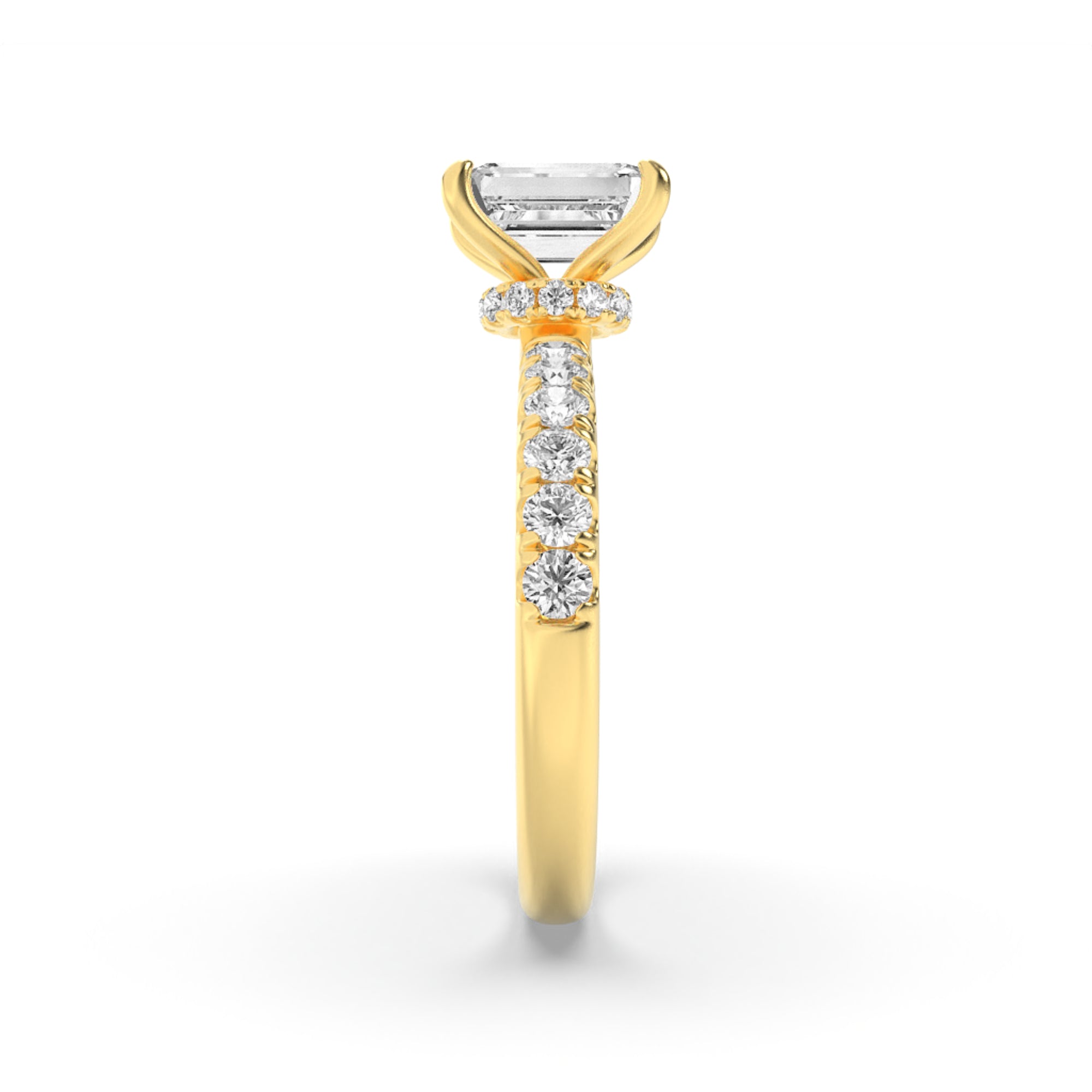 2CTW Emerald Shaped Lab Grown Diamond (F/VS) Hidden Halo Accented Ring in 14K Gold