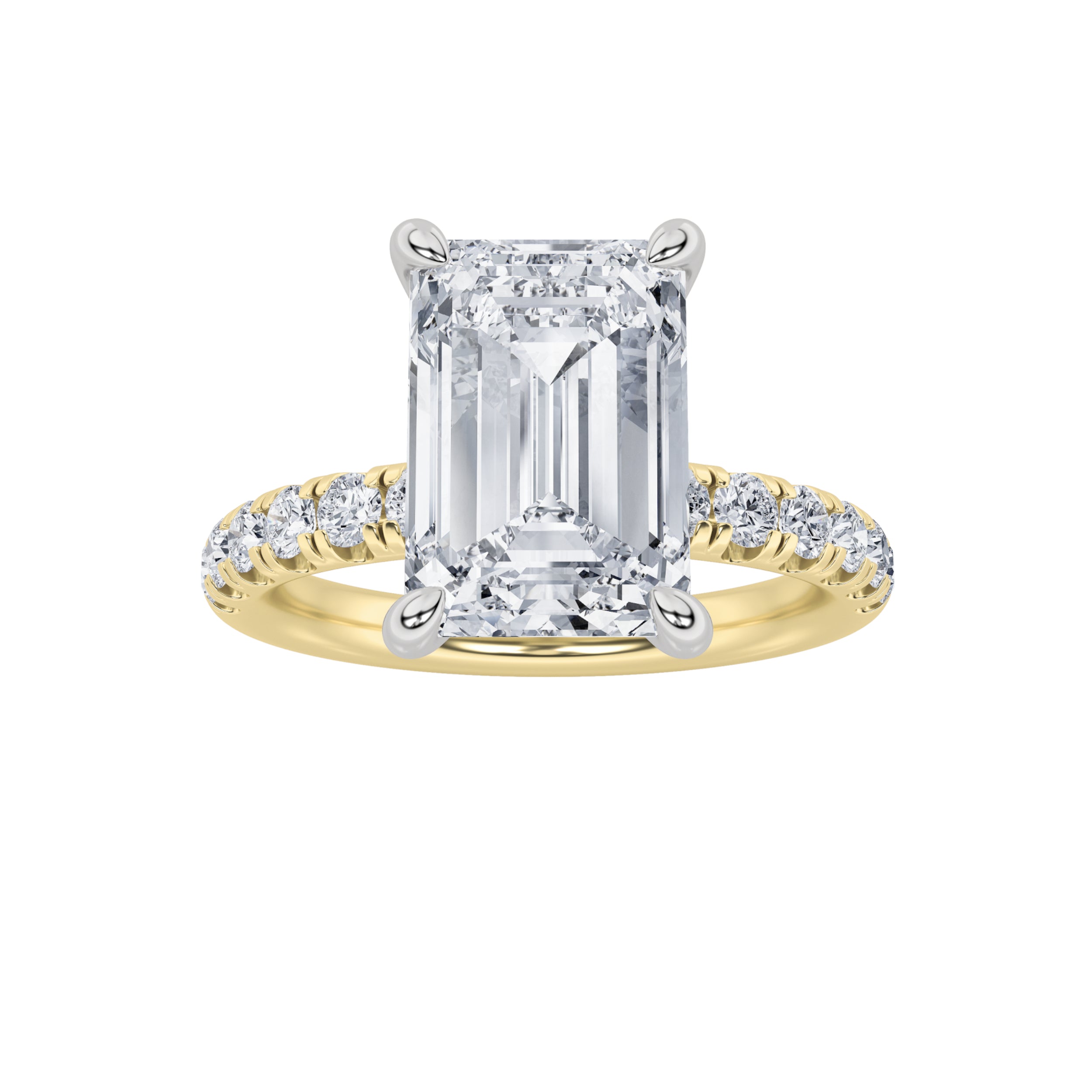 2CTW Emerald Shaped Lab Grown Diamond (F/VVS) Hidden Halo Accented Ring in 14K Gold