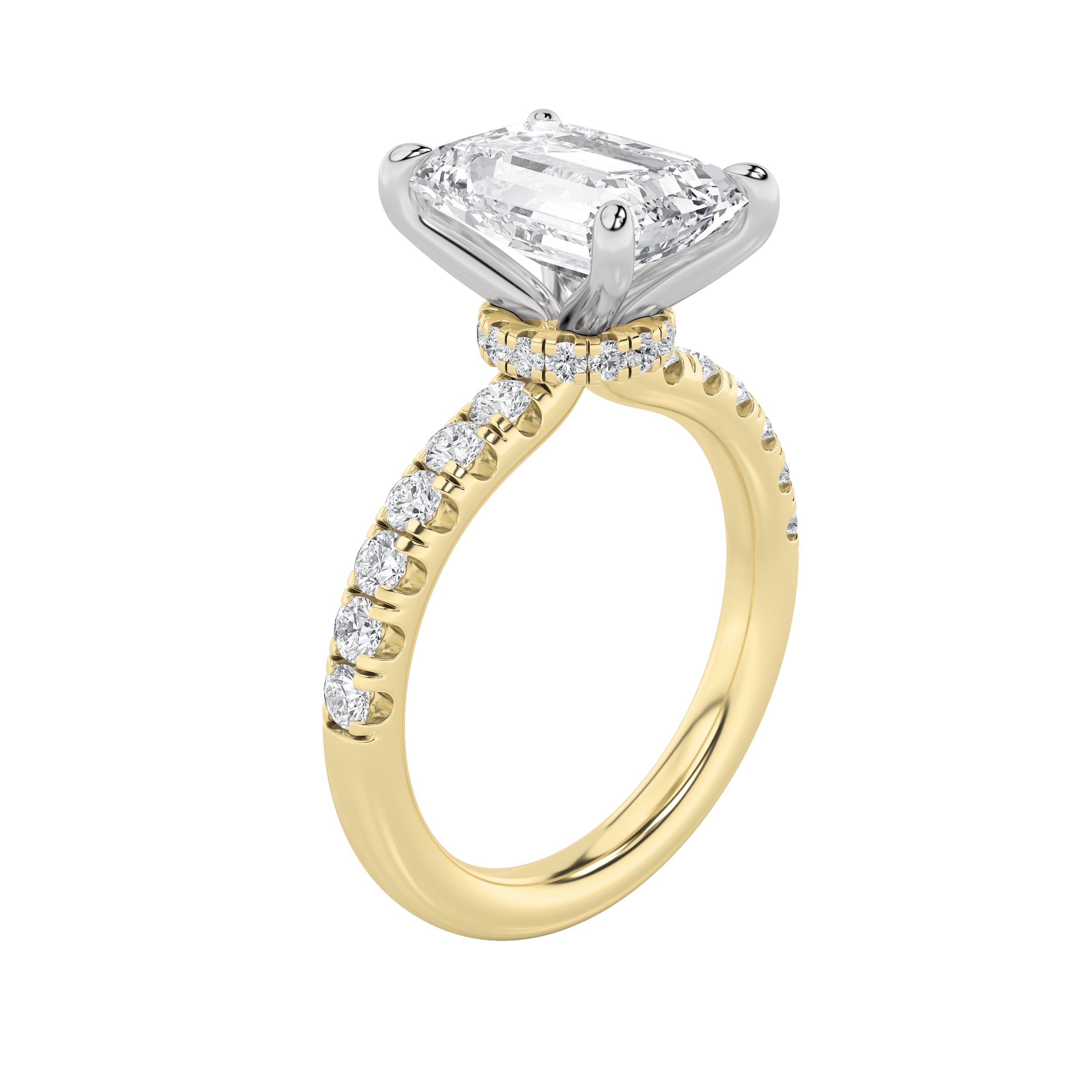 2CTW Emerald Shaped Lab Grown Diamond (F/VVS) Hidden Halo Accented Ring in 14K Gold
