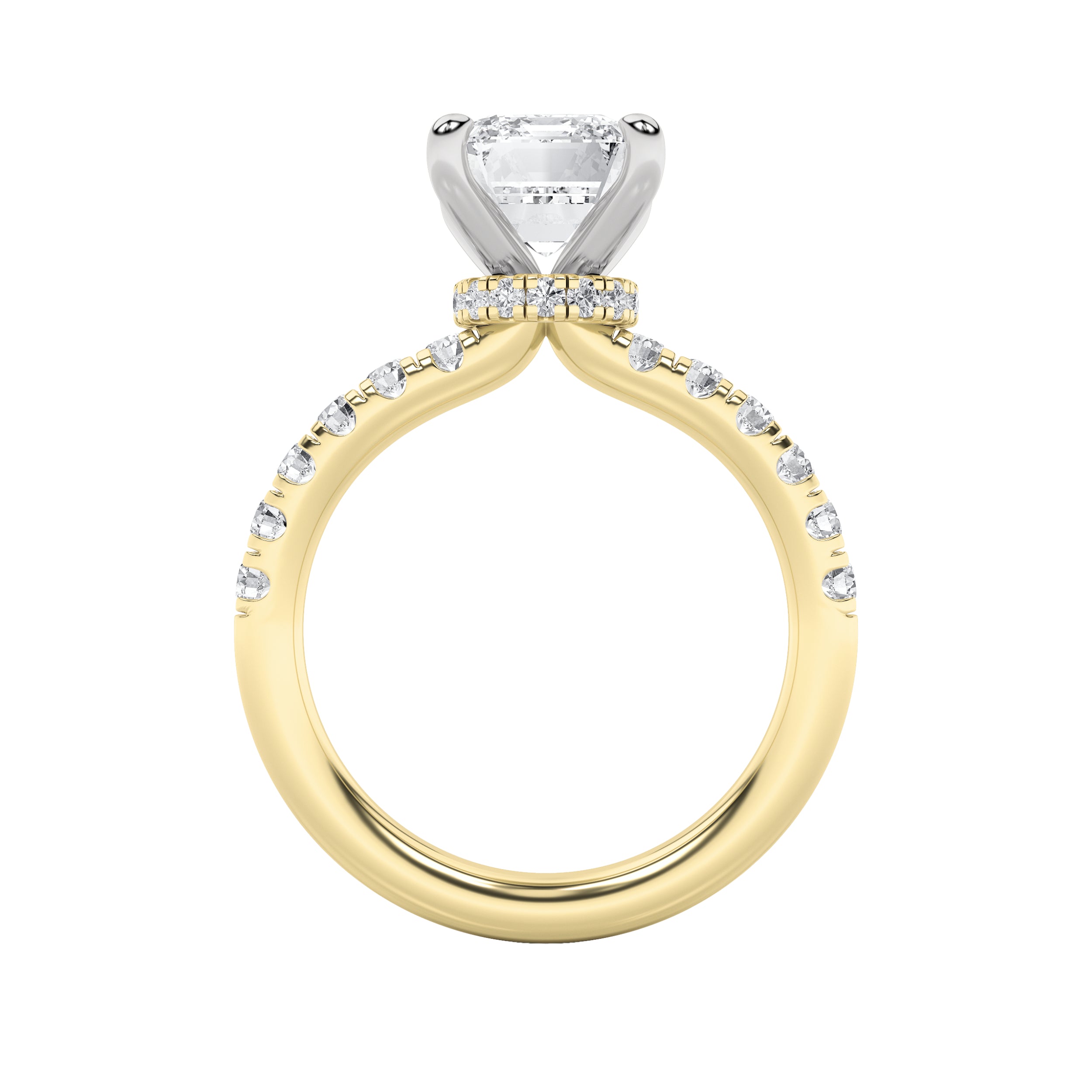 2CTW Emerald Shaped Lab Grown Diamond (F/VVS) Hidden Halo Accented Ring in 14K Gold
