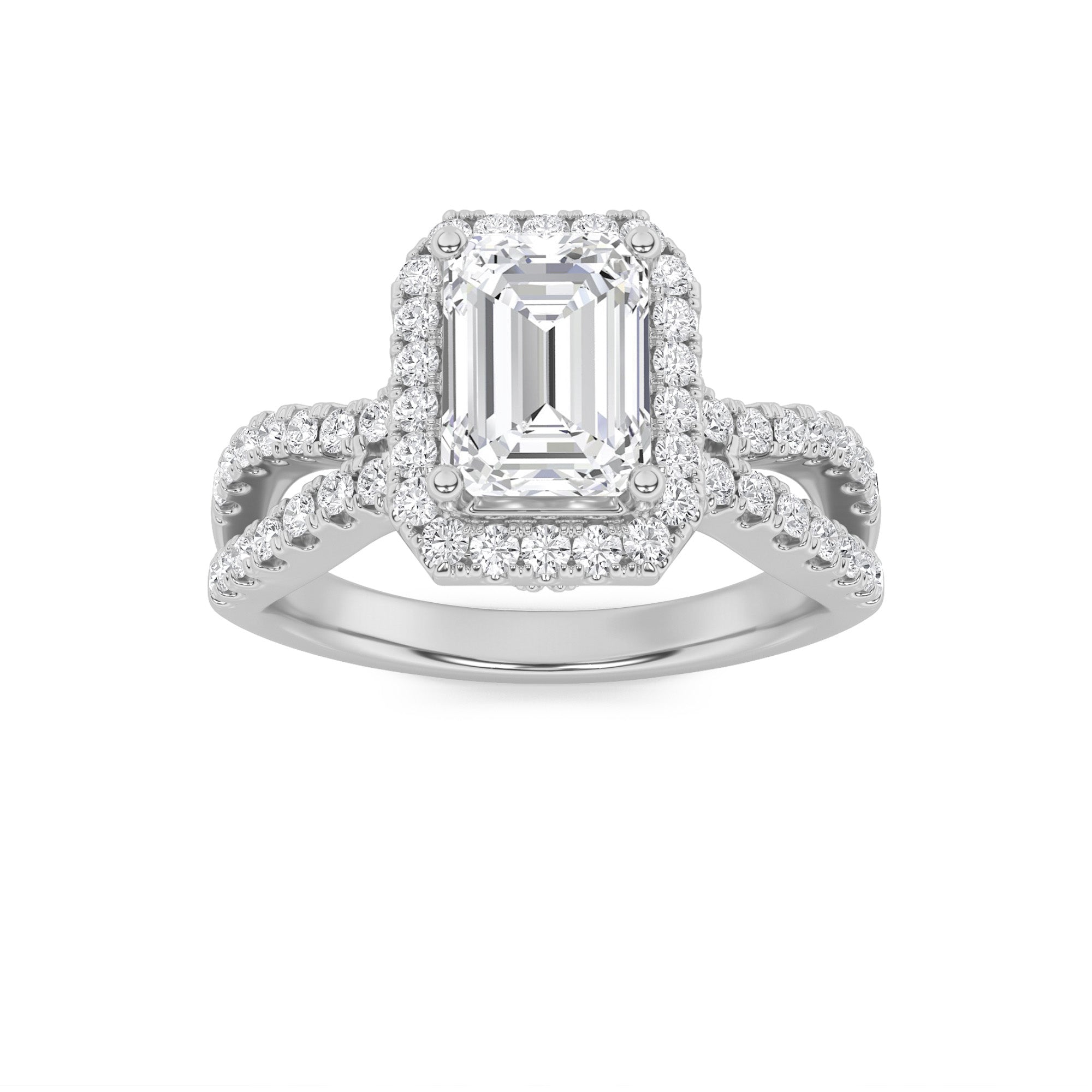 2CTW Emerald Shaped Lab Grown Diamond (G/VS) Split Shank Halo Accented Engagement Ring in 14K Gold