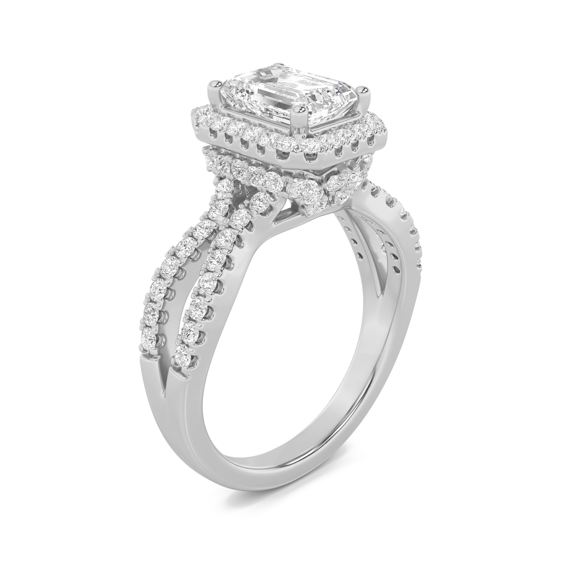 2CTW Emerald Shaped Lab Grown Diamond (G/VS) Split Shank Halo Accented Engagement Ring in 14K Gold