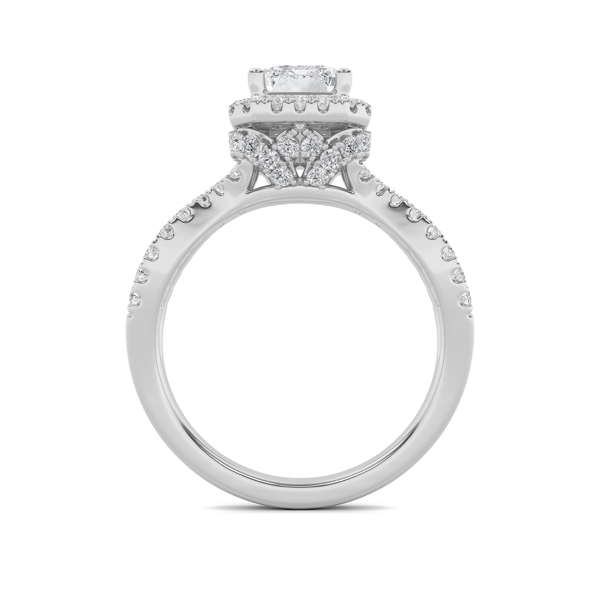 2CTW Emerald Shaped Lab Grown Diamond (G/VS) Split Shank Halo Accented Engagement Ring in 14K Gold