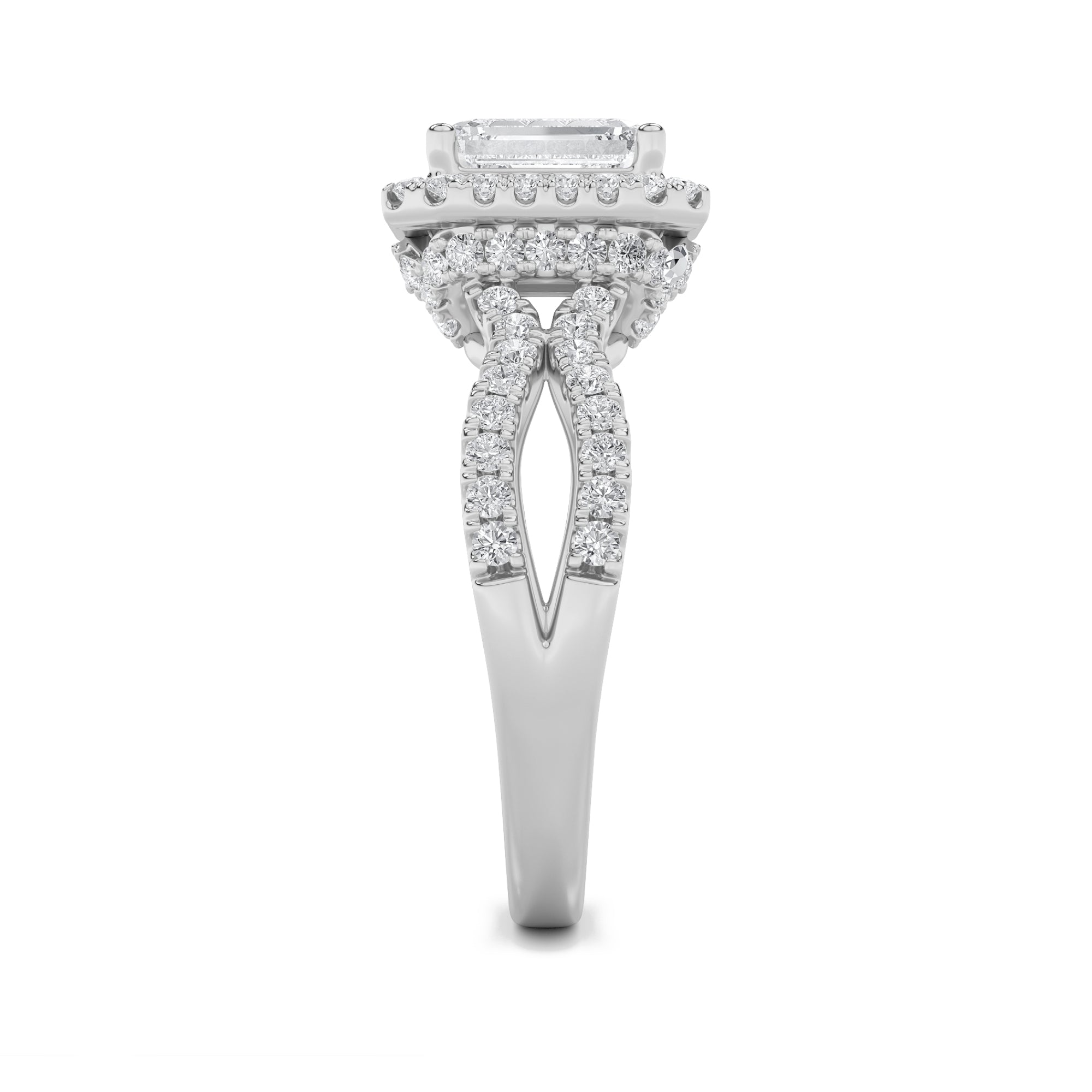 2CTW Emerald Shaped Lab Grown Diamond (G/VS) Split Shank Halo Accented Engagement Ring in 14K Gold