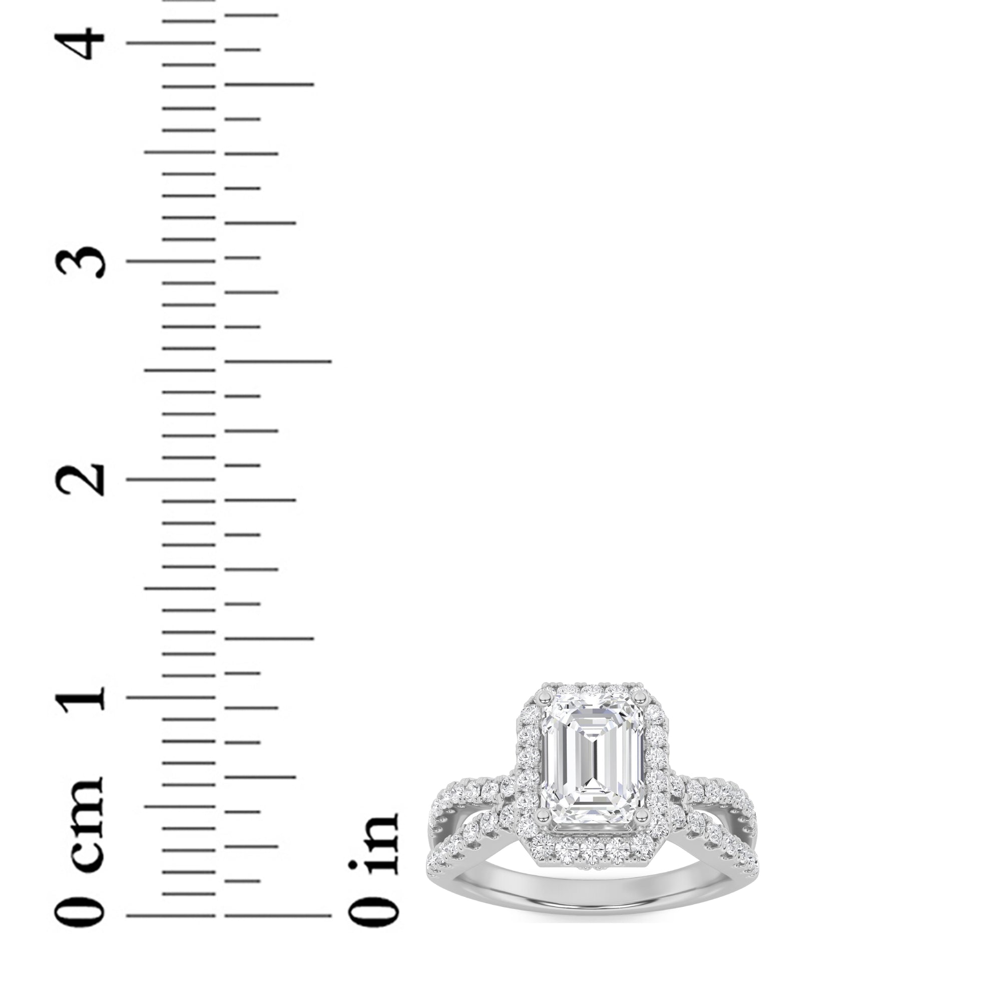 2CTW Emerald Shaped Lab Grown Diamond (G/VS) Split Shank Halo Accented Engagement Ring in 14K Gold