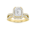2CTW Emerald Shaped Lab Grown Diamond (F/VS) Split Shank Halo Accented Engagement Ring in 14K Gold