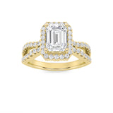 2CTW Emerald Shaped Lab Grown Diamond (F/VS) Split Shank Halo Accented Engagement Ring in 14K Gold